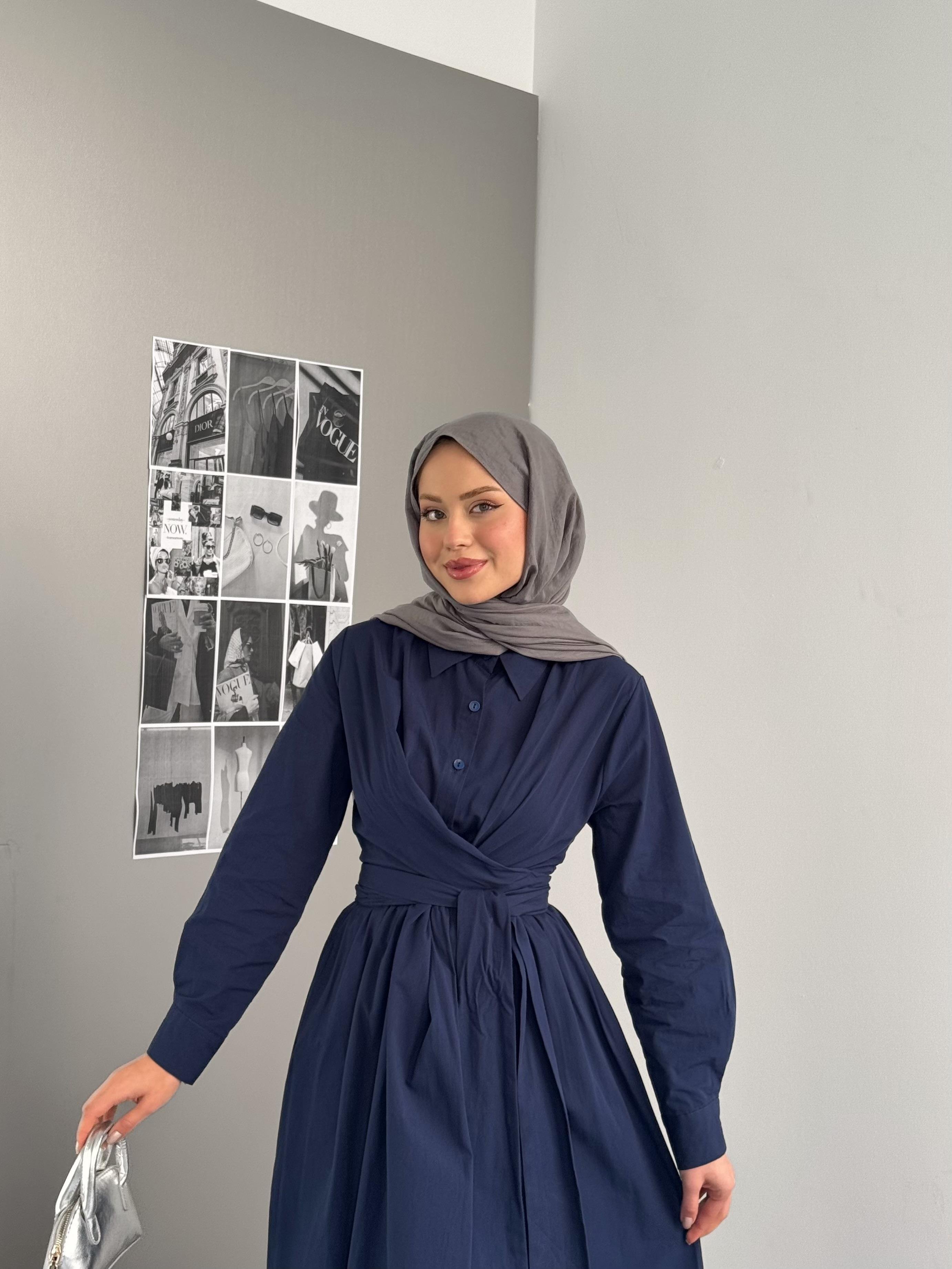 Belden Bağlamalı Poplin Elbise Lacivert