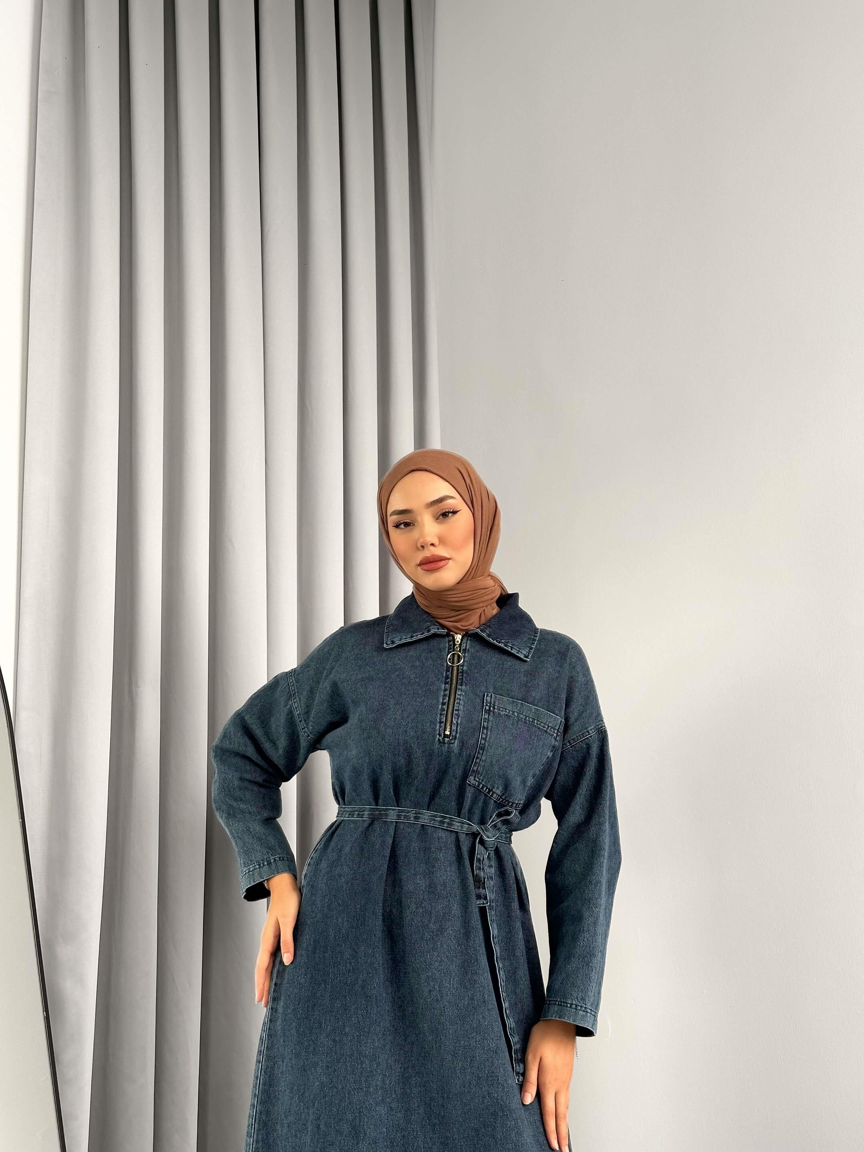 Cep Kapak Detaylı Denim Elbise Mavi