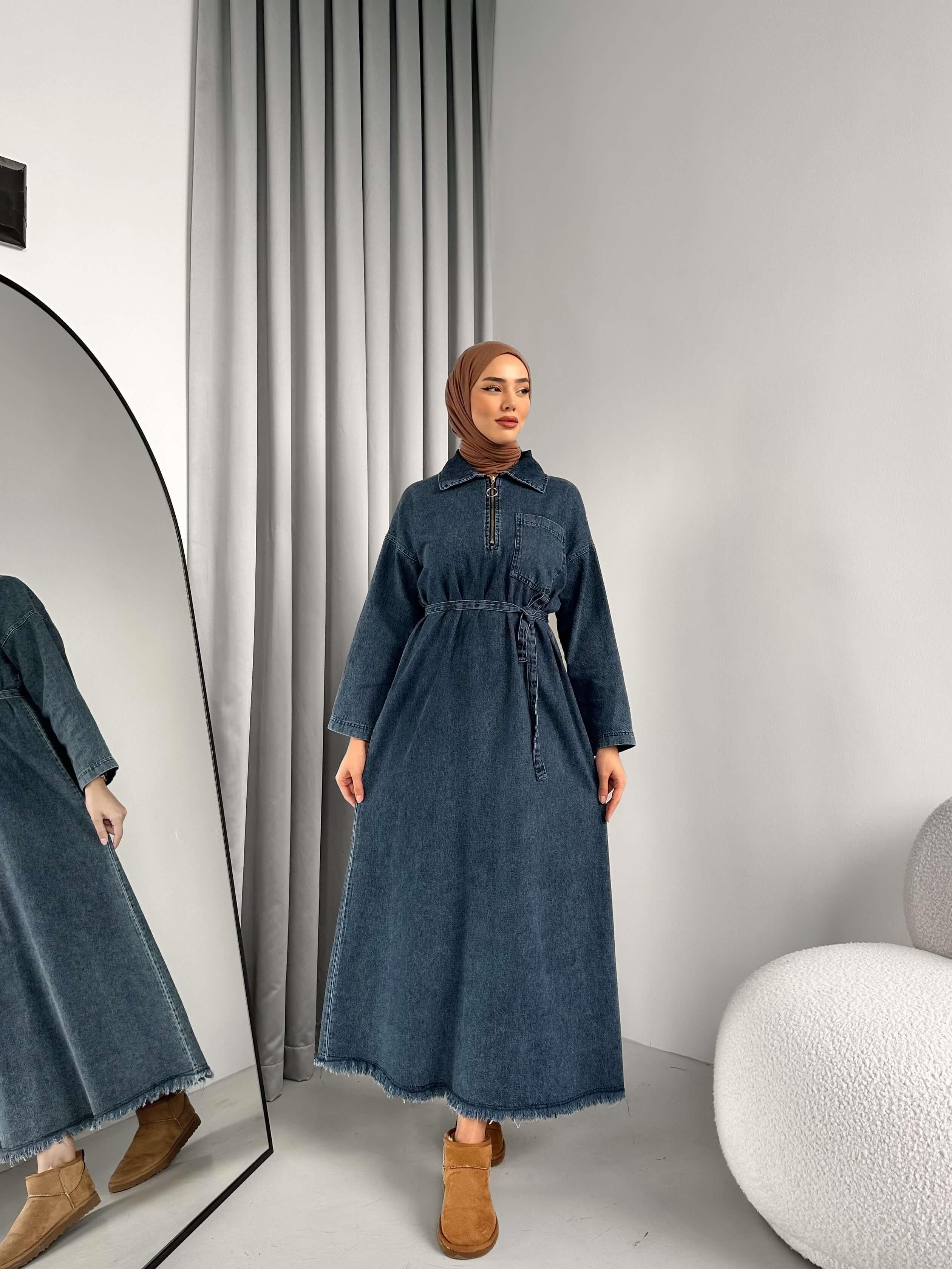 Cep Kapak Detaylı Denim Elbise Mavi