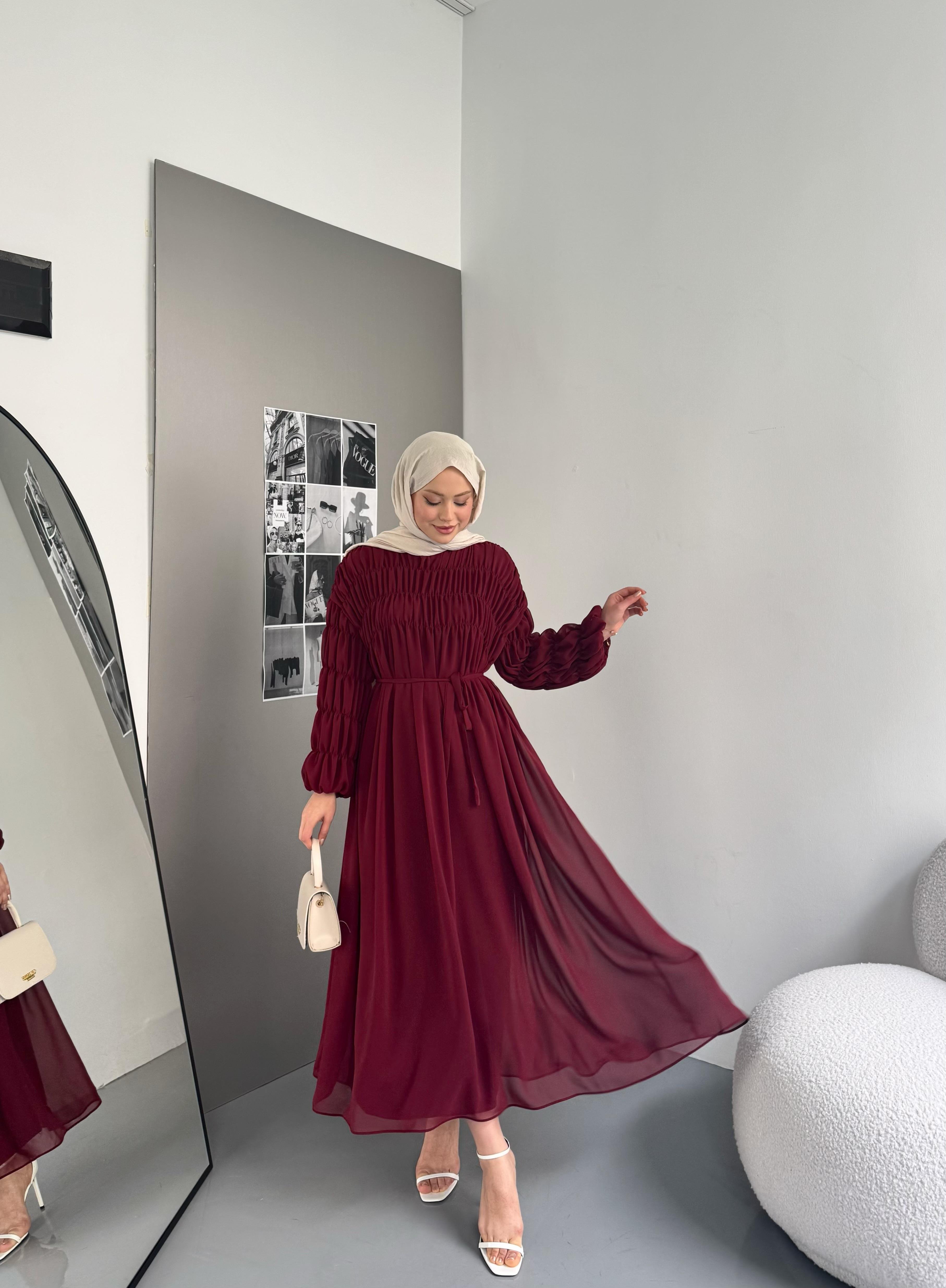 Dökümlü Şifon Elbise Bordo