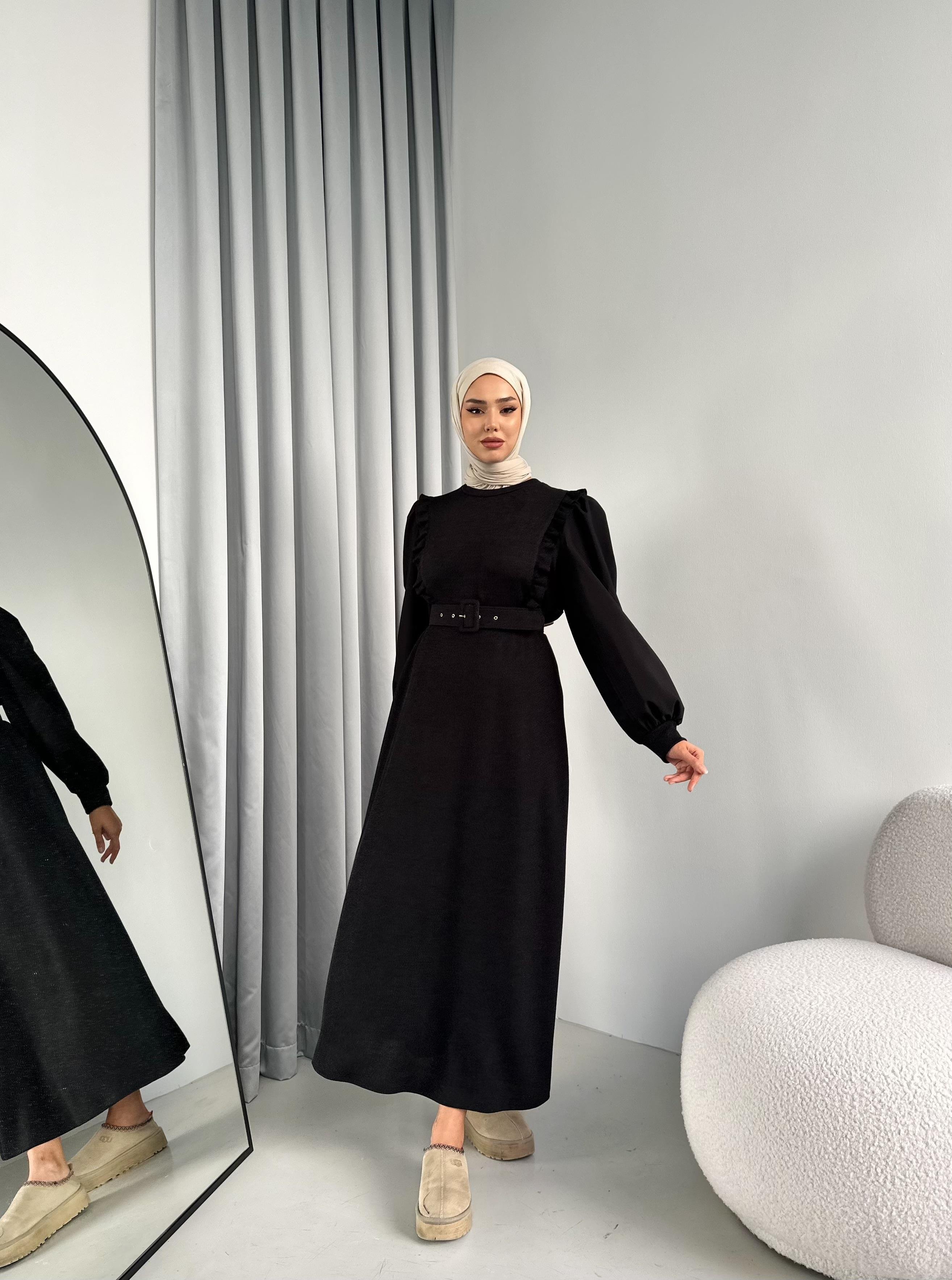 Güpür Detaylı Premium Triko Elbise Siyah