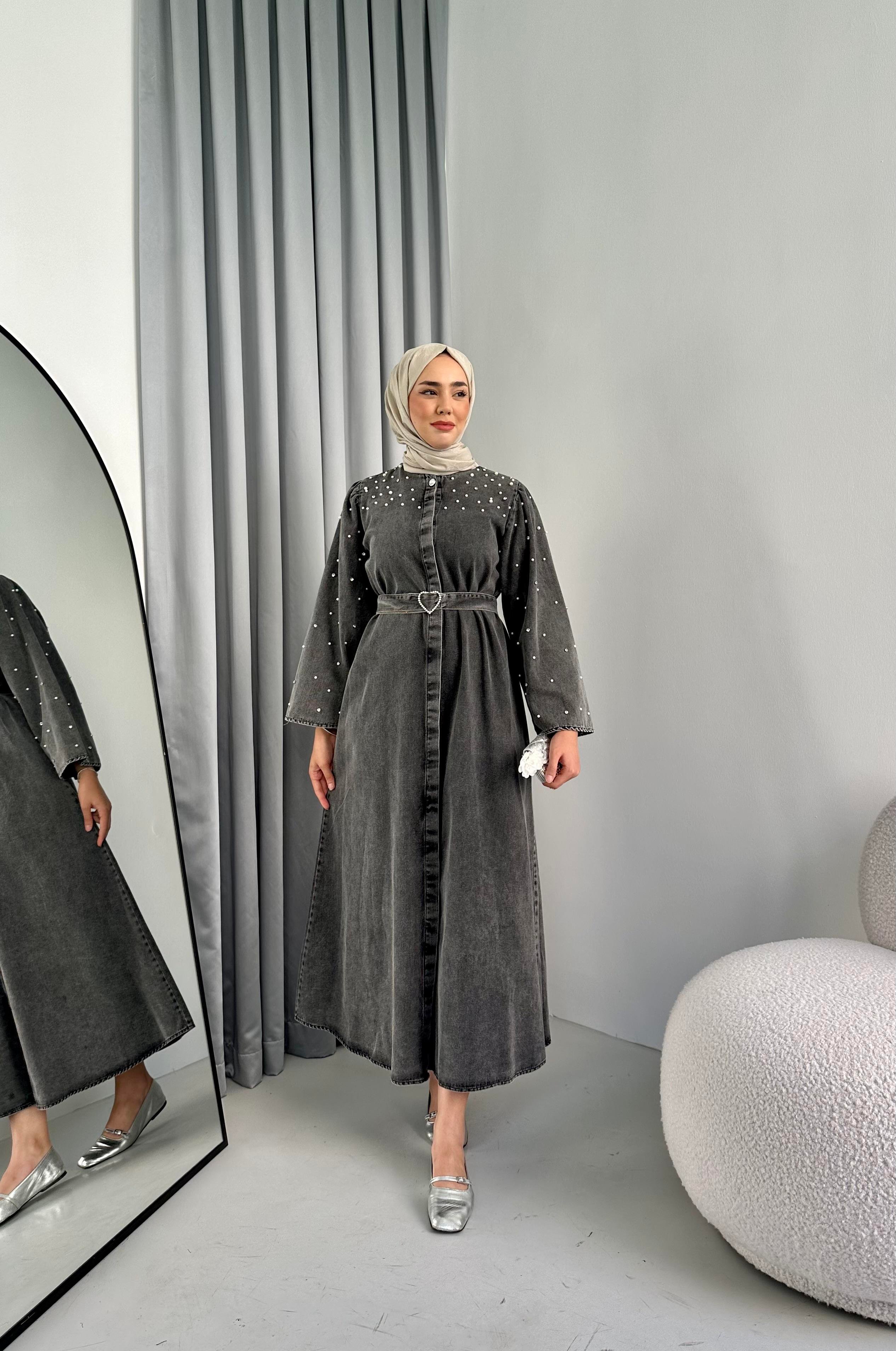 Kalp Kemer Detaylı Taşlı Denim Antrasit