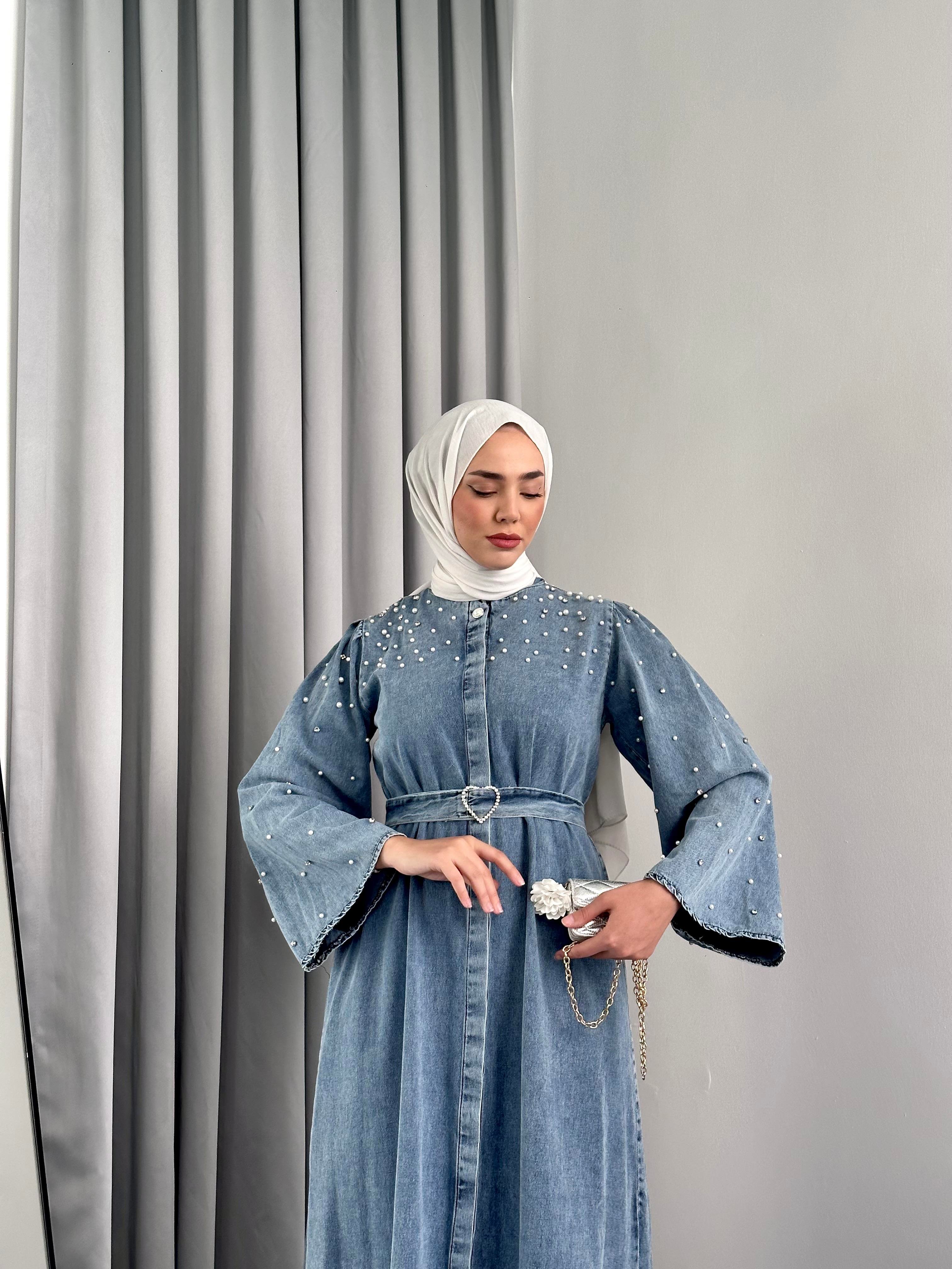 Kalp Kemer Detaylı Taşlı Denim Elbise Buz Mavisi