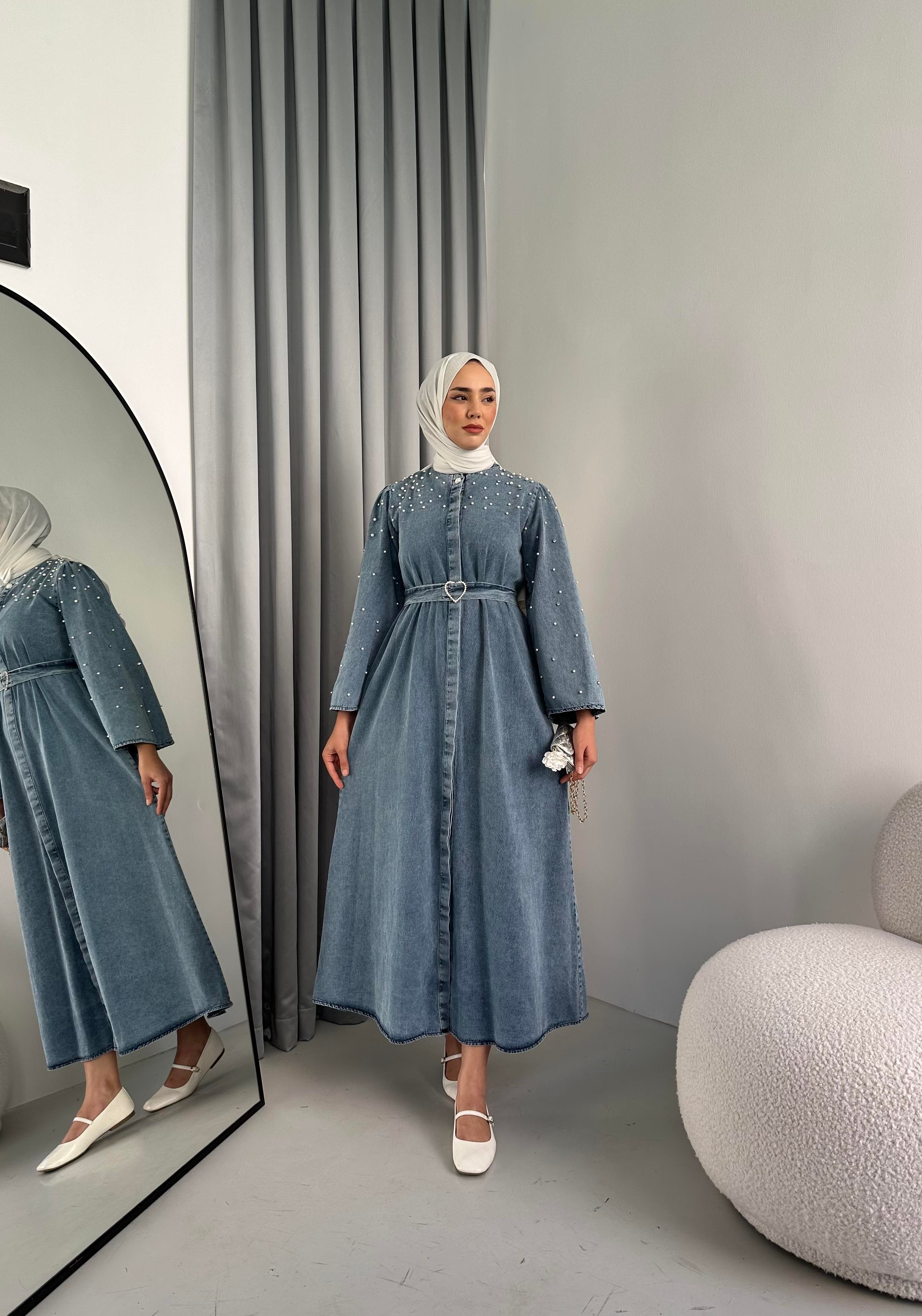 Kalp Kemer Detaylı Taşlı Denim Elbise Buz Mavisi