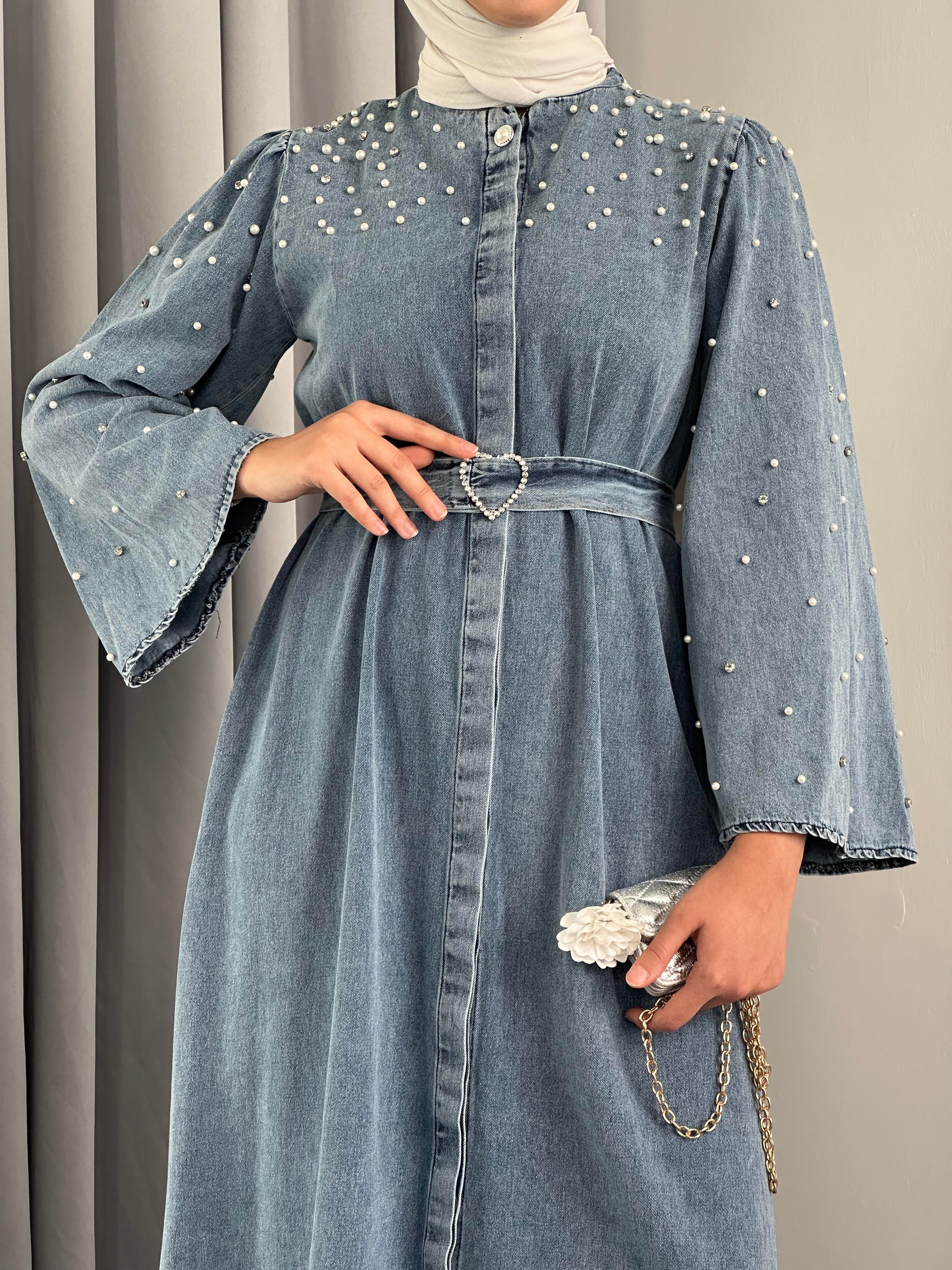Kalp Kemer Detaylı Taşlı Denim Elbise Buz Mavisi