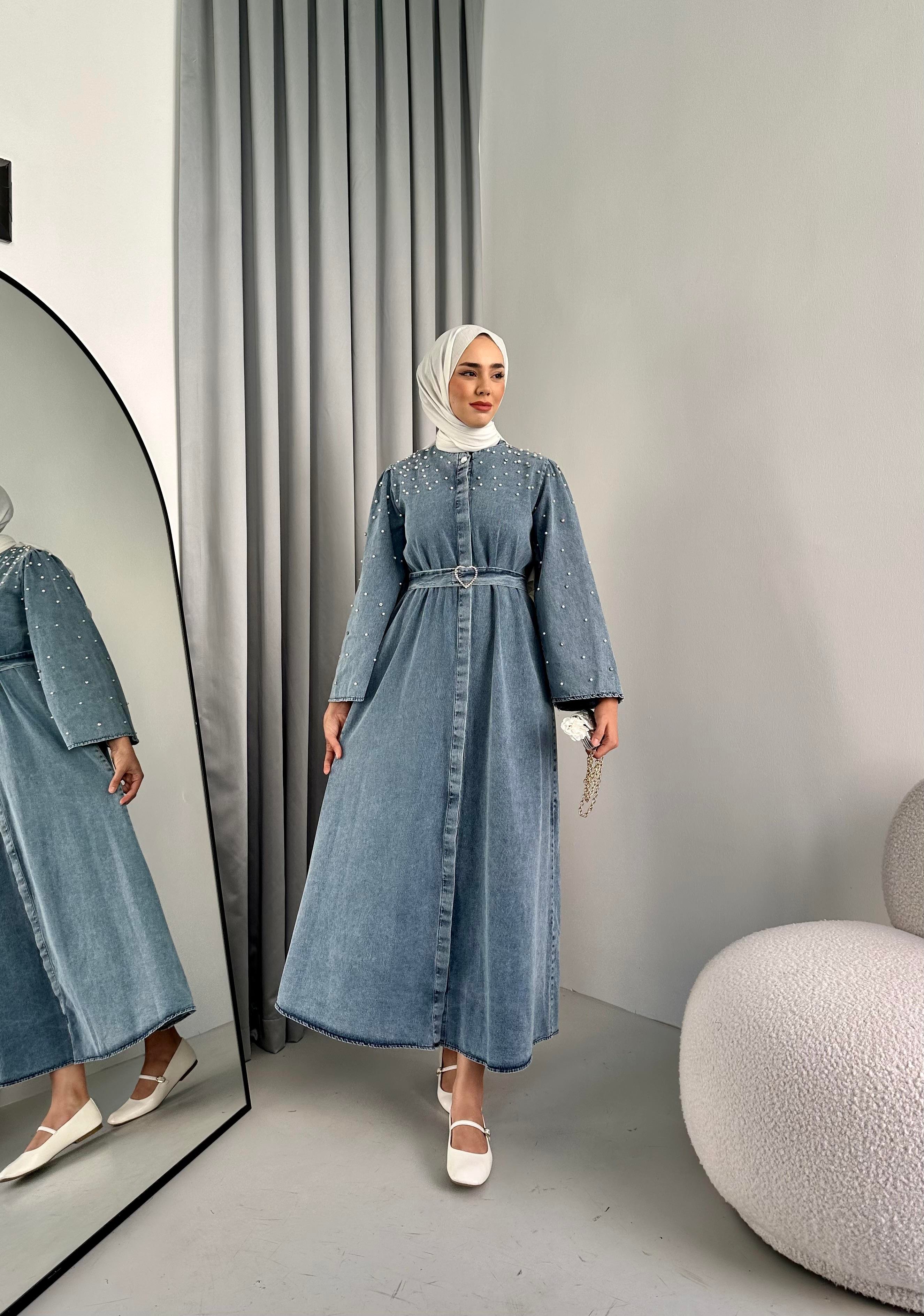 Kalp Kemer Detaylı Taşlı Denim Elbise Buz Mavisi