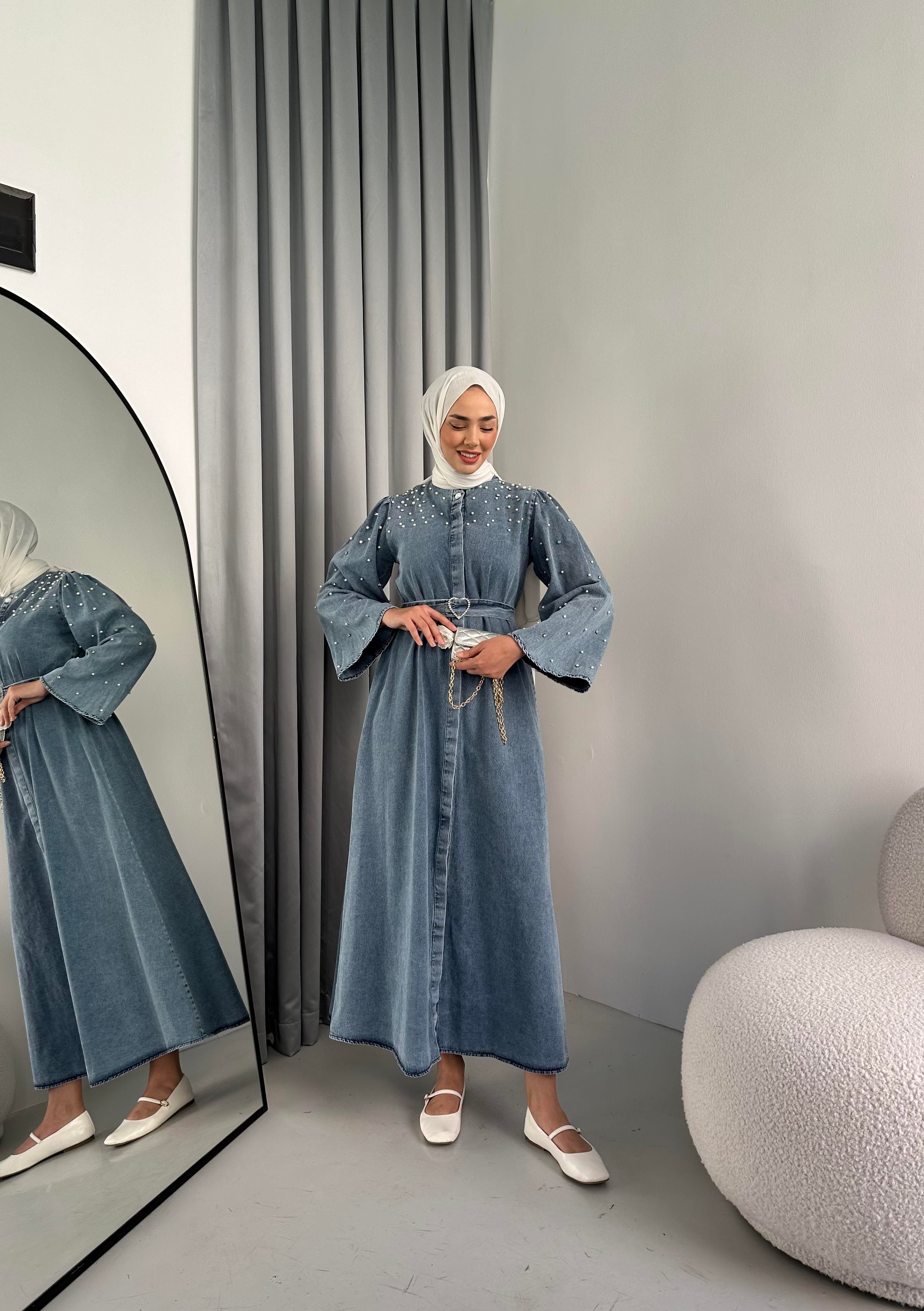 Kalp Kemer Detaylı Taşlı Denim Elbise Buz Mavisi