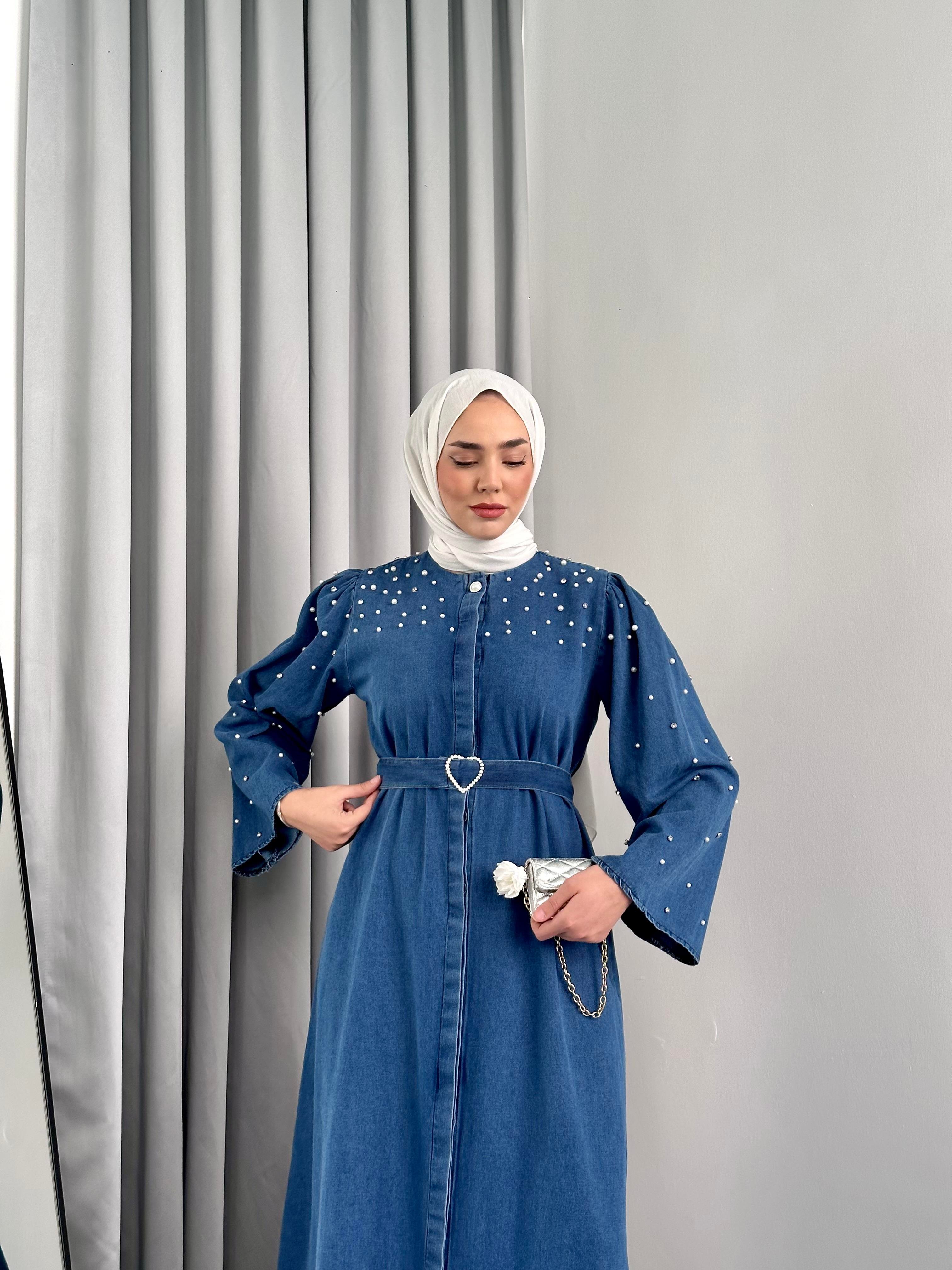 Kalp Kemer Detaylı Taşlı Denim Elbise Buz Mavisi