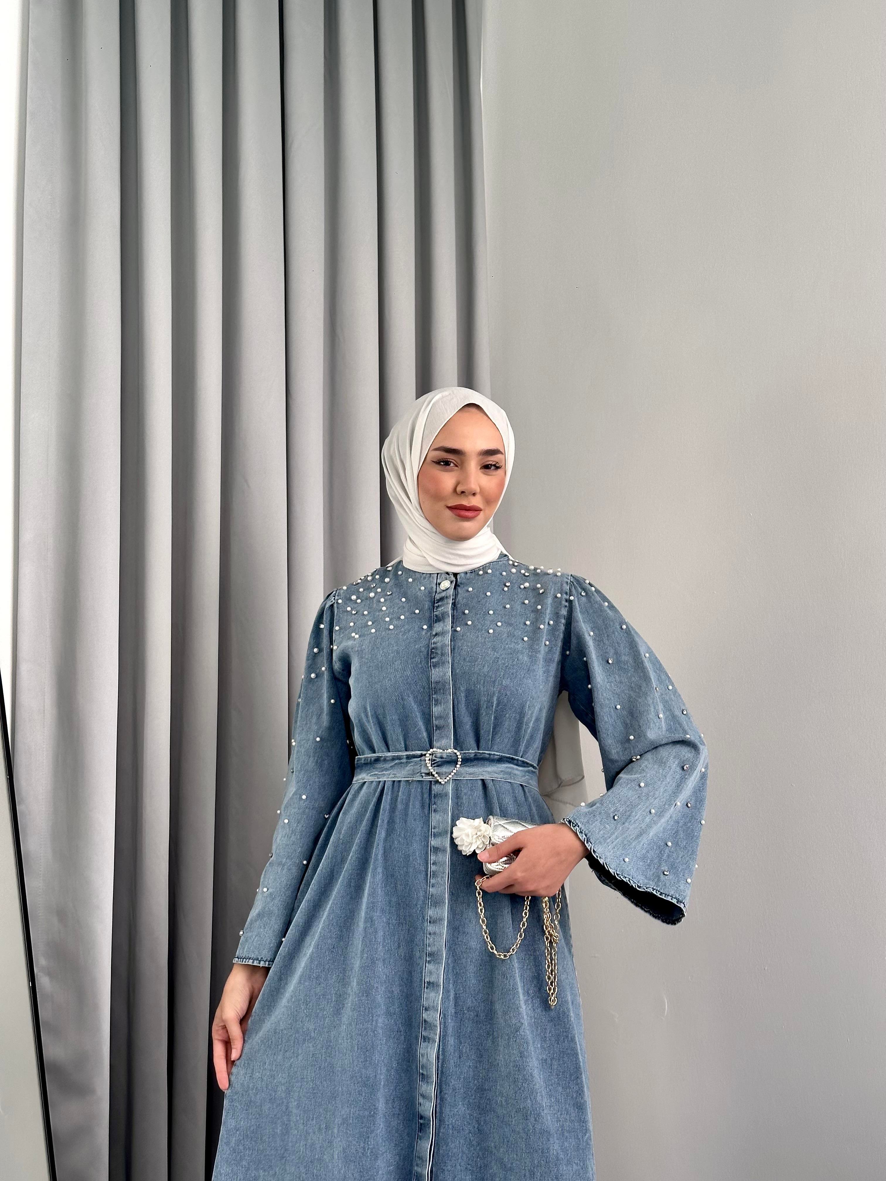 Kalp Kemer Detaylı Taşlı Denim Elbise Buz Mavisi