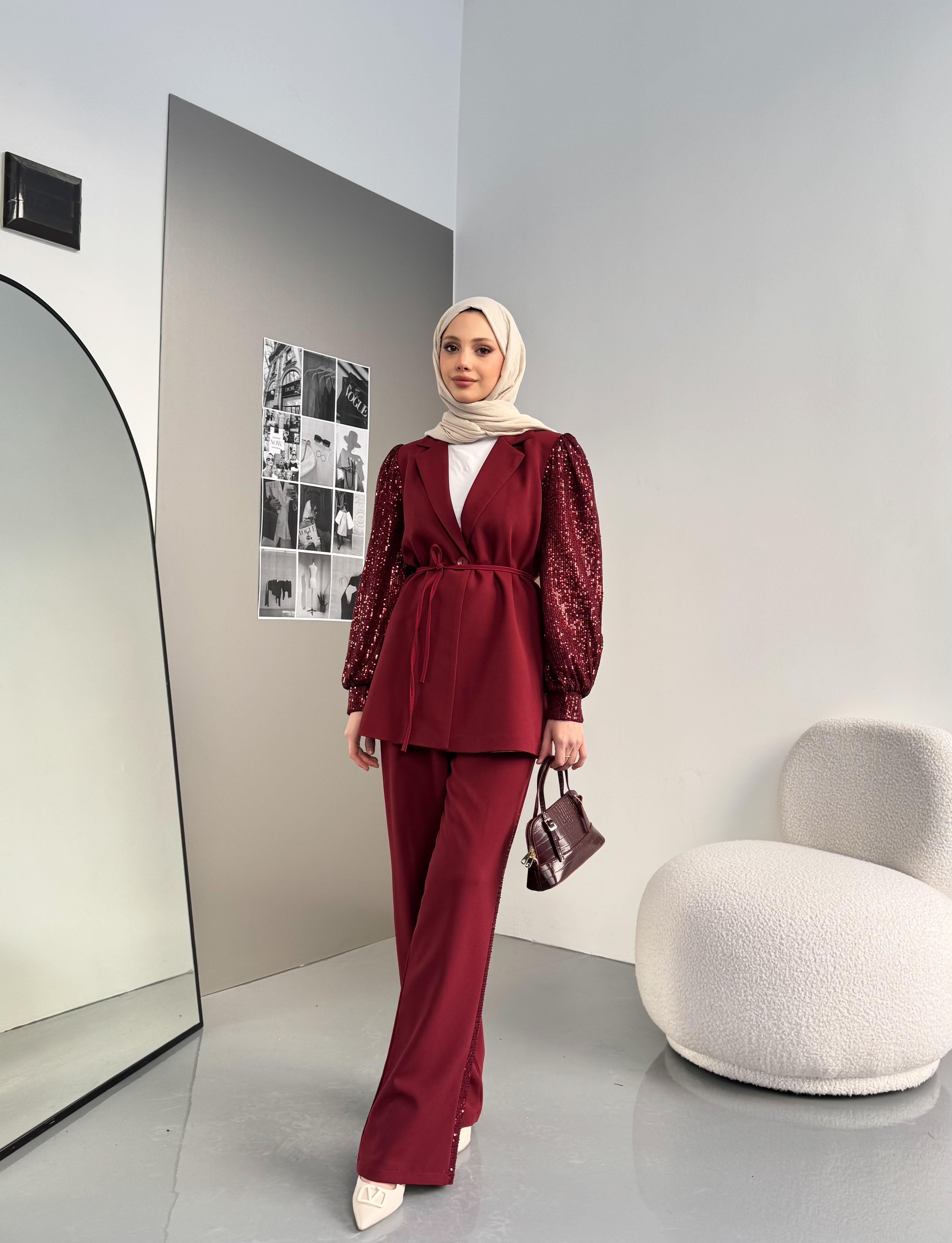 Payet Detaylı Double Crep Takım Bordo