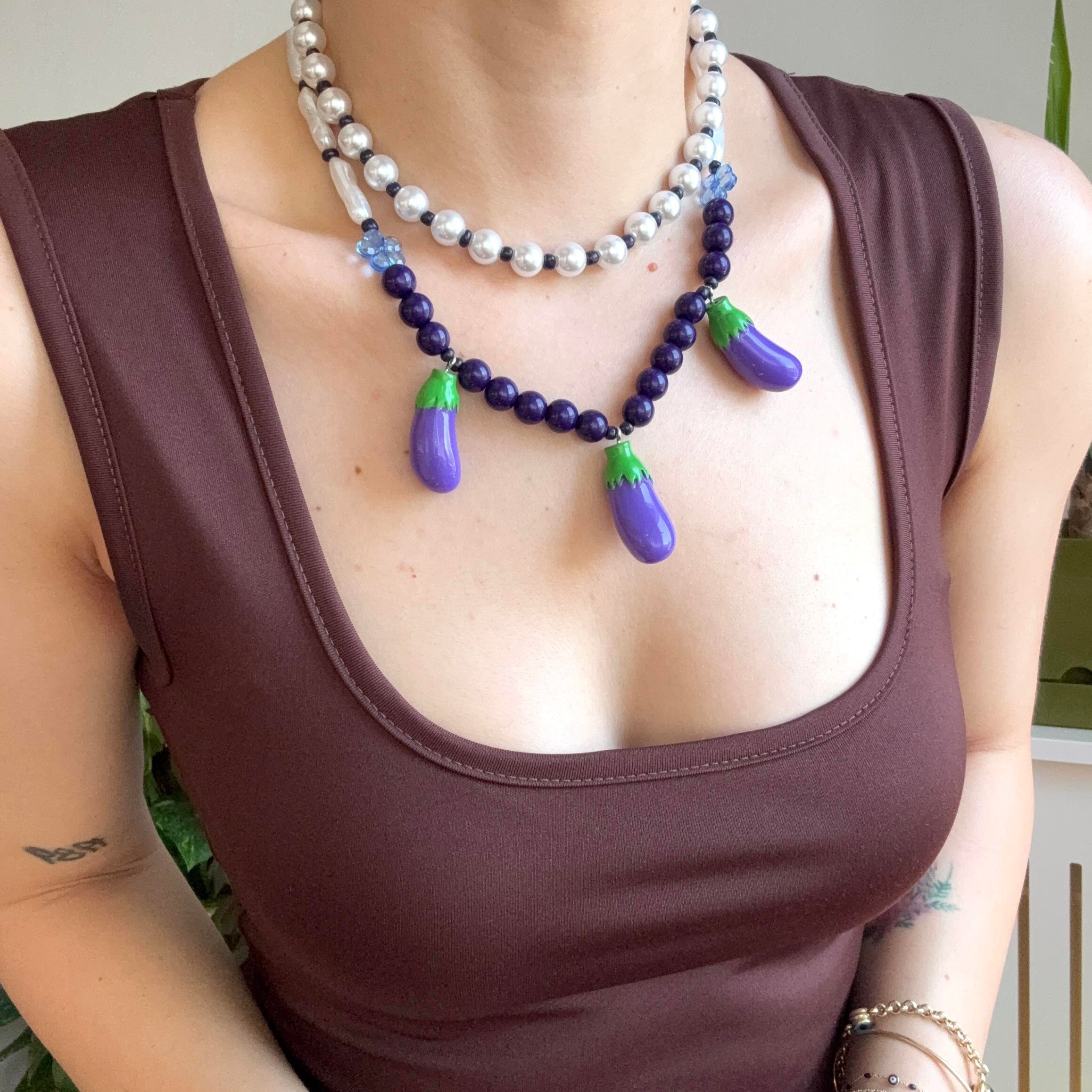 2li İncili Boncuklu Patlıcan Kolye