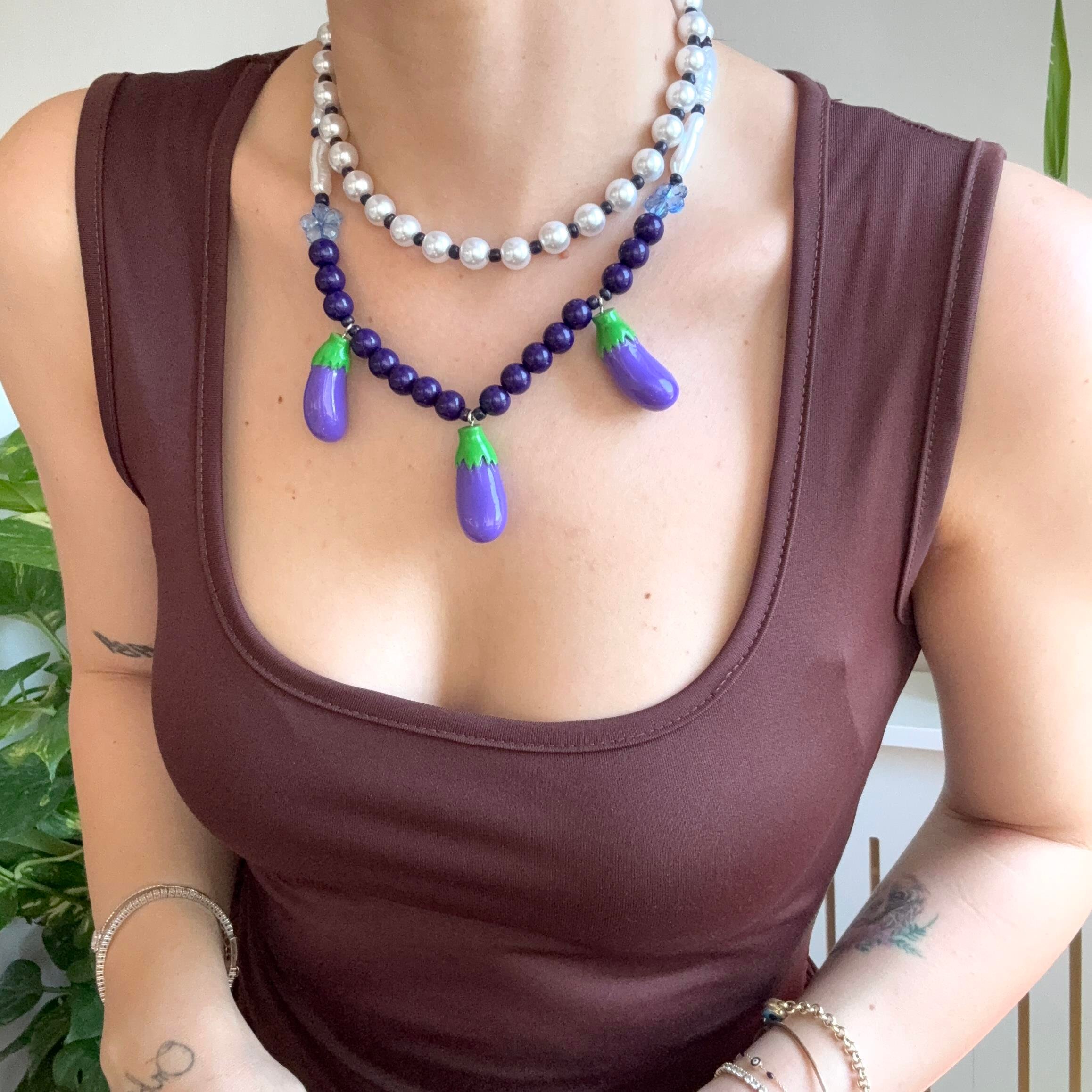 2li İncili Boncuklu Patlıcan Kolye