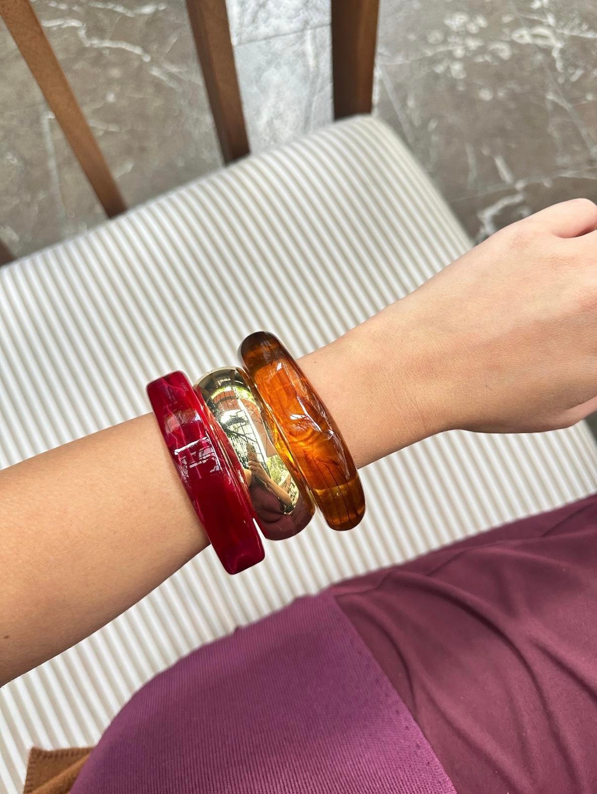 3lü Gold Detaylı Bordo Kemik Bilezik Seti