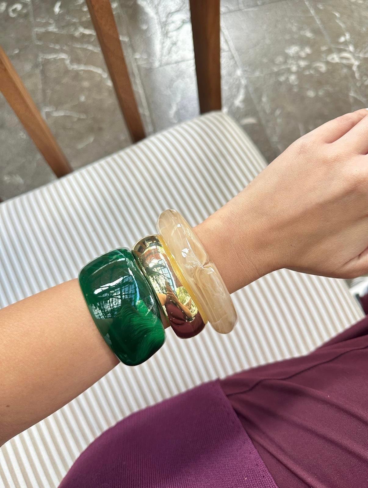 3lü Gold Detaylı Yeşil Kemik Bilezik Seti