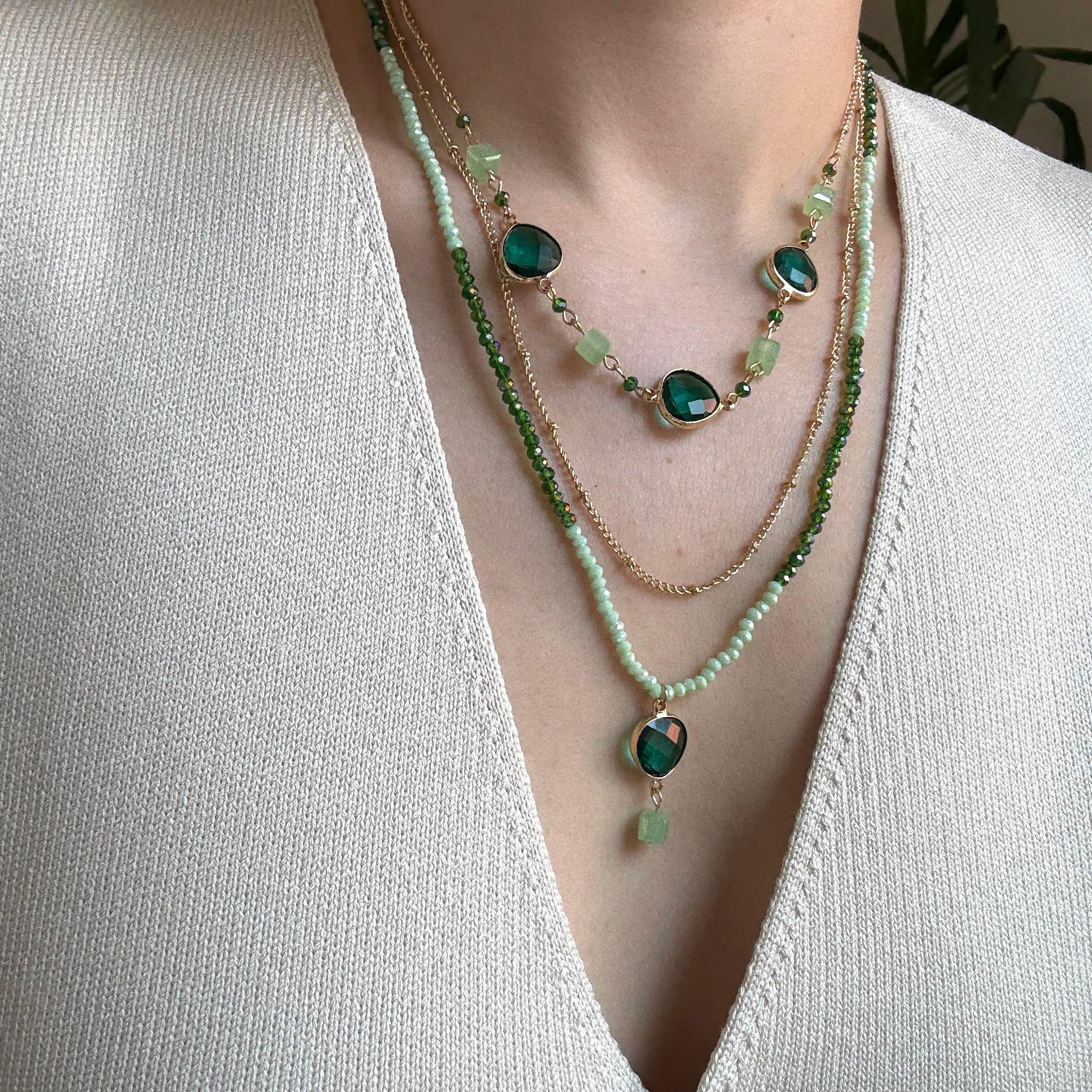 3lü Yeşil Kristal Taşlı Kolye