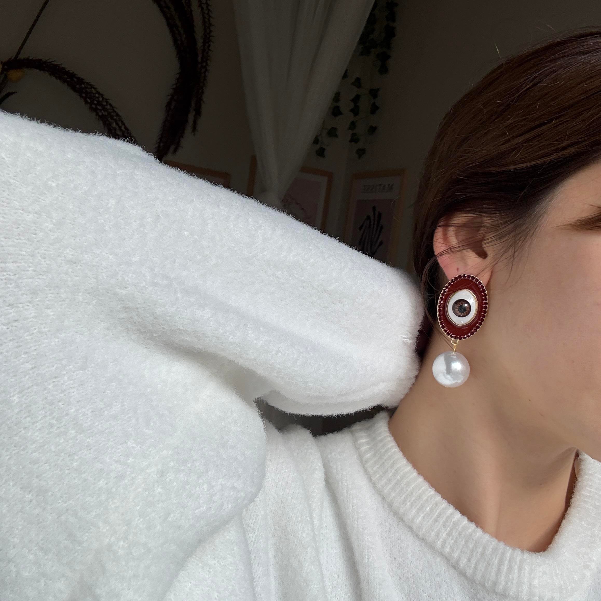 Bordo Mineli Oval İncili Göz Küpe