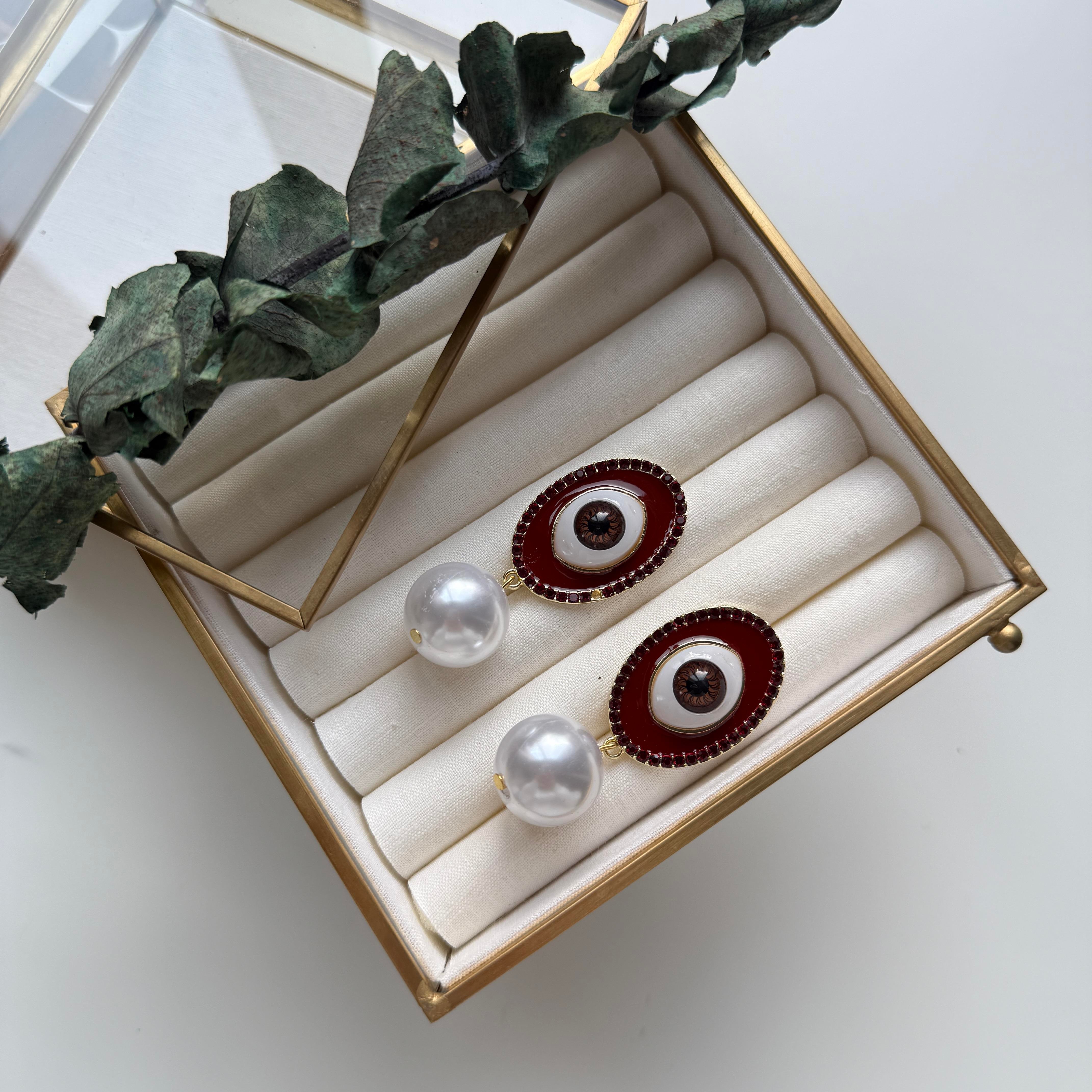 Bordo Mineli Oval İncili Göz Küpe