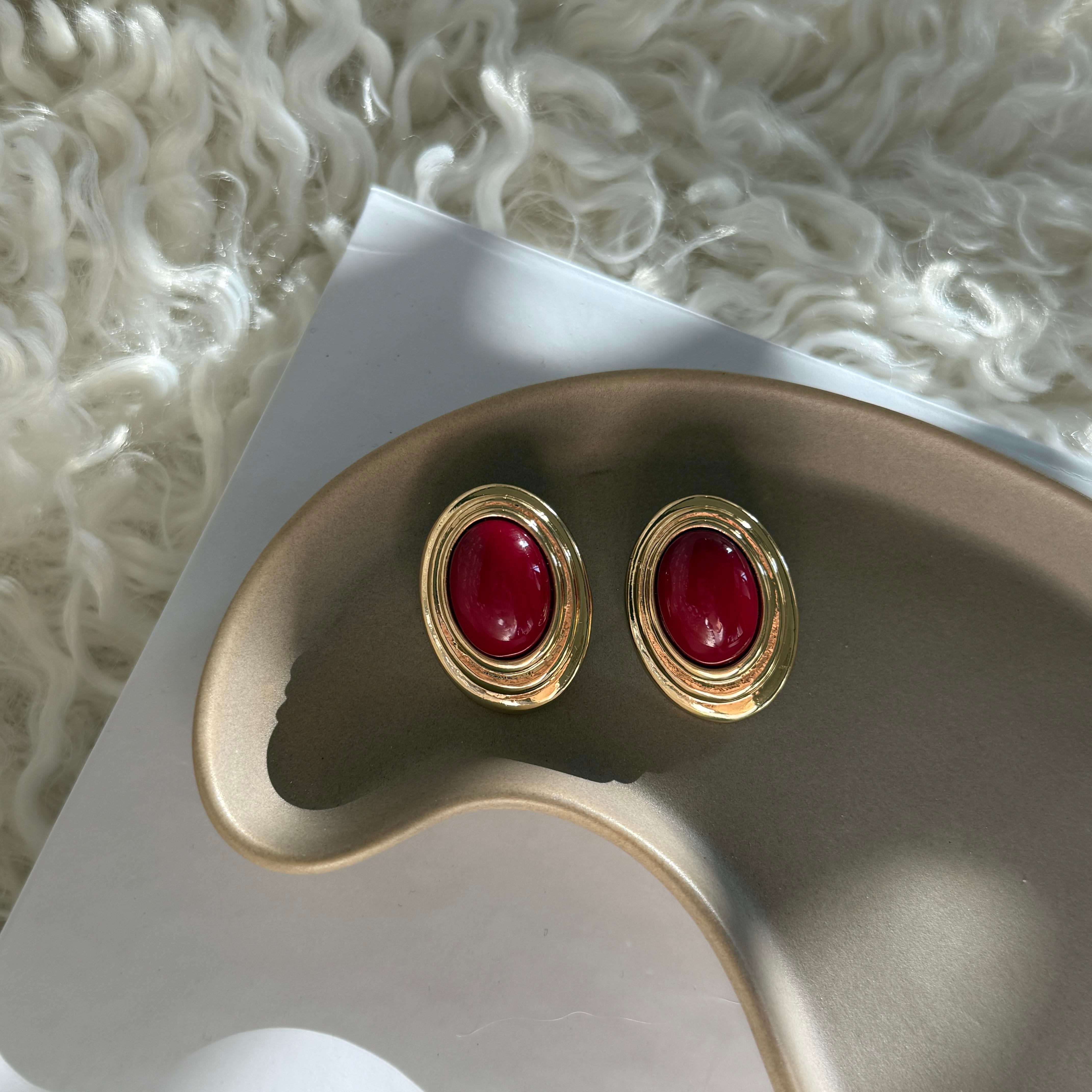 Bordo Oval Vintage Küpe