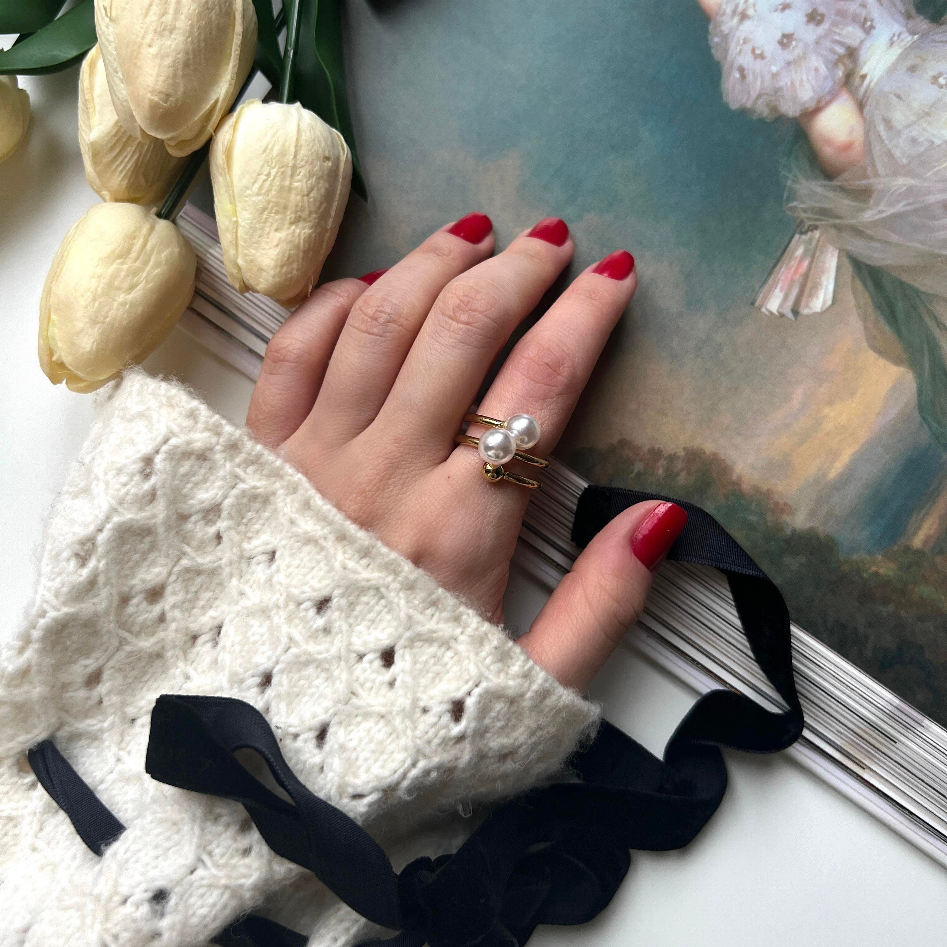 Çelik 2 İncili Gold Yüzük