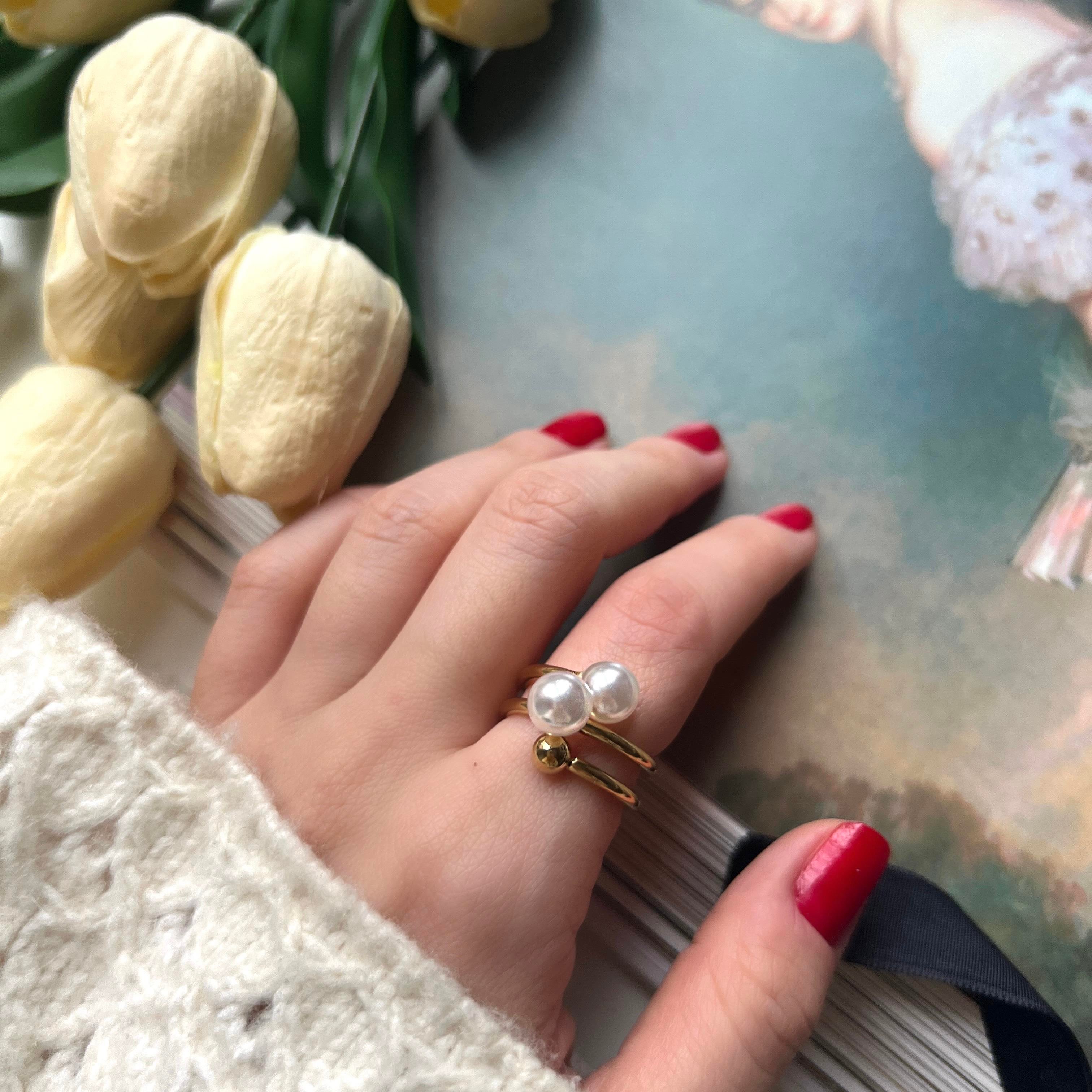 Çelik 2 İncili Gold Yüzük