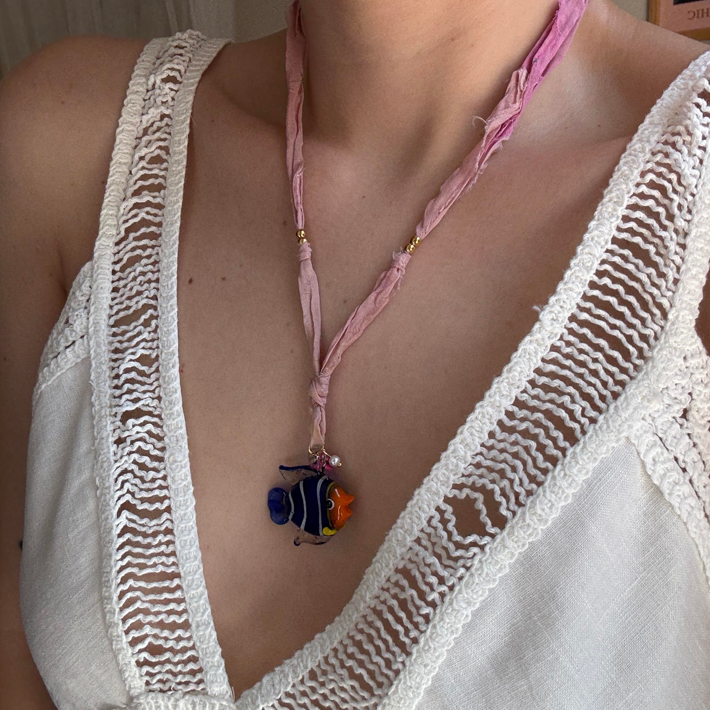 Çelik Cam Murano Balık Kolye