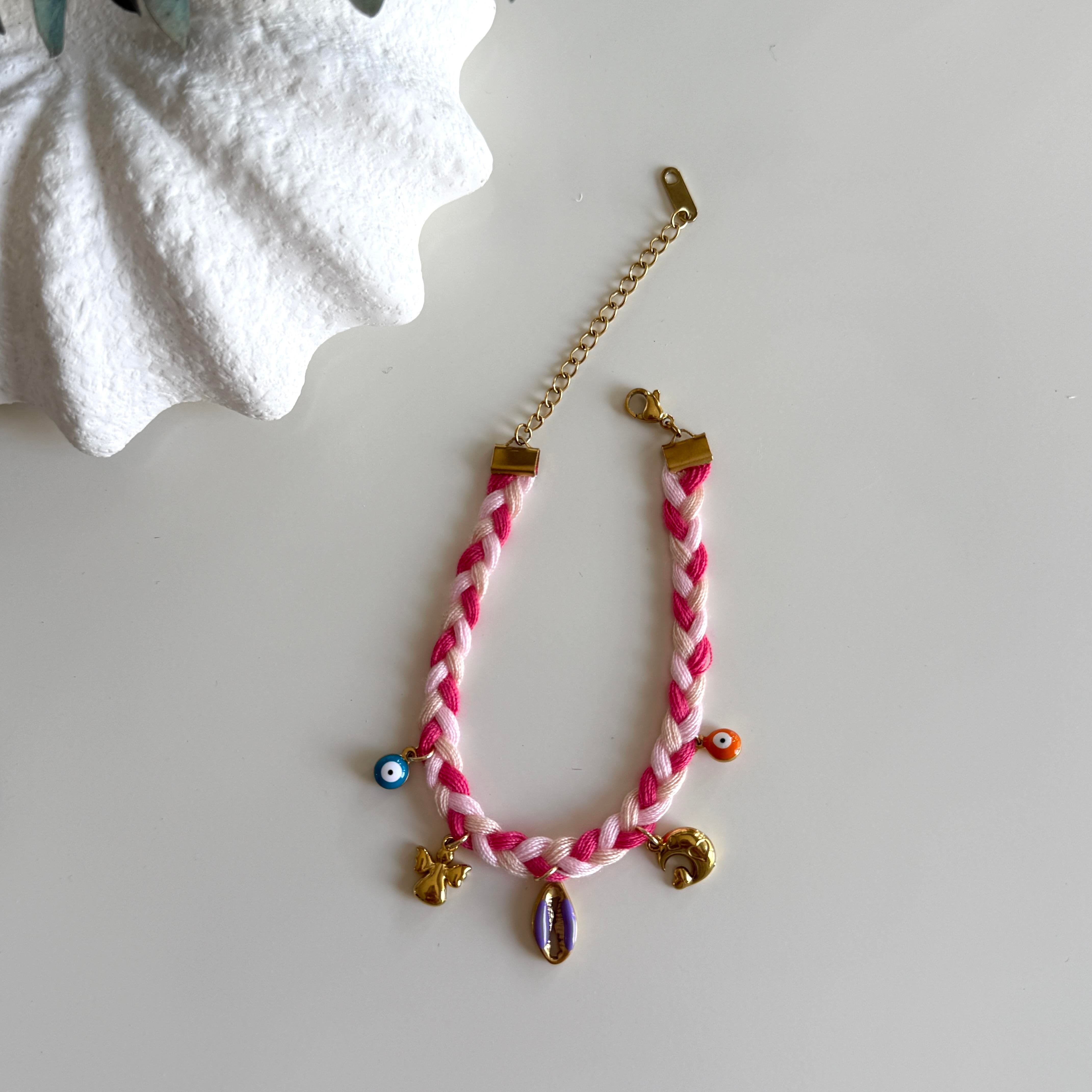 Çelik Charmlı Pembe Örgü Bileklik