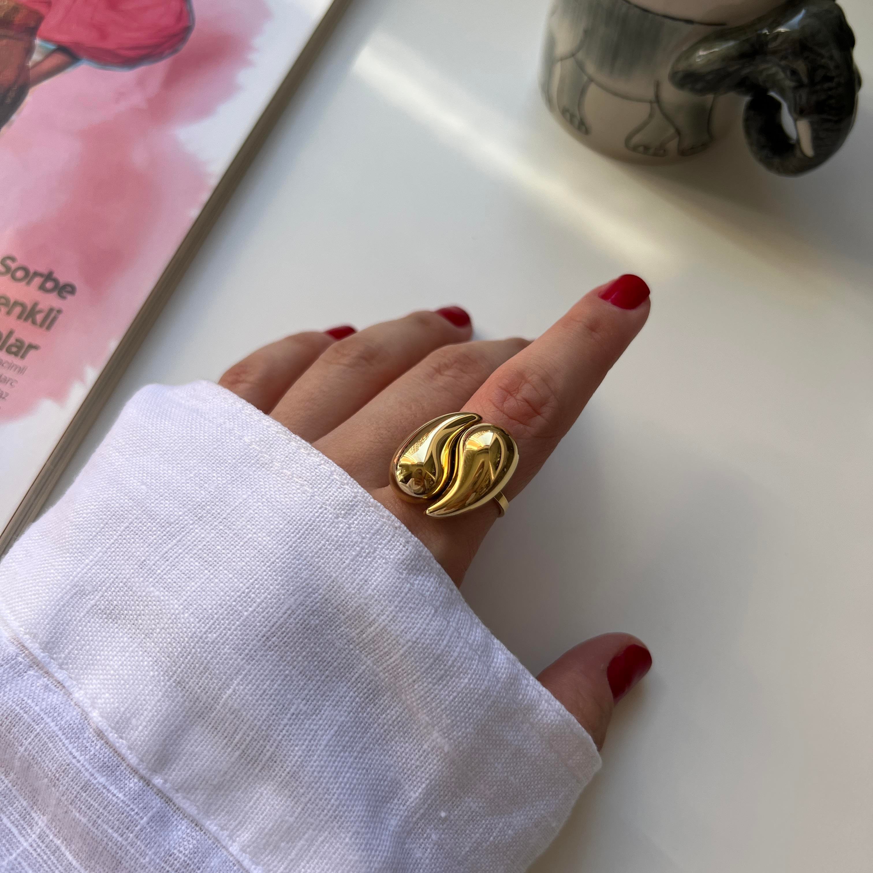 Çelik Çift Damla Yüzük