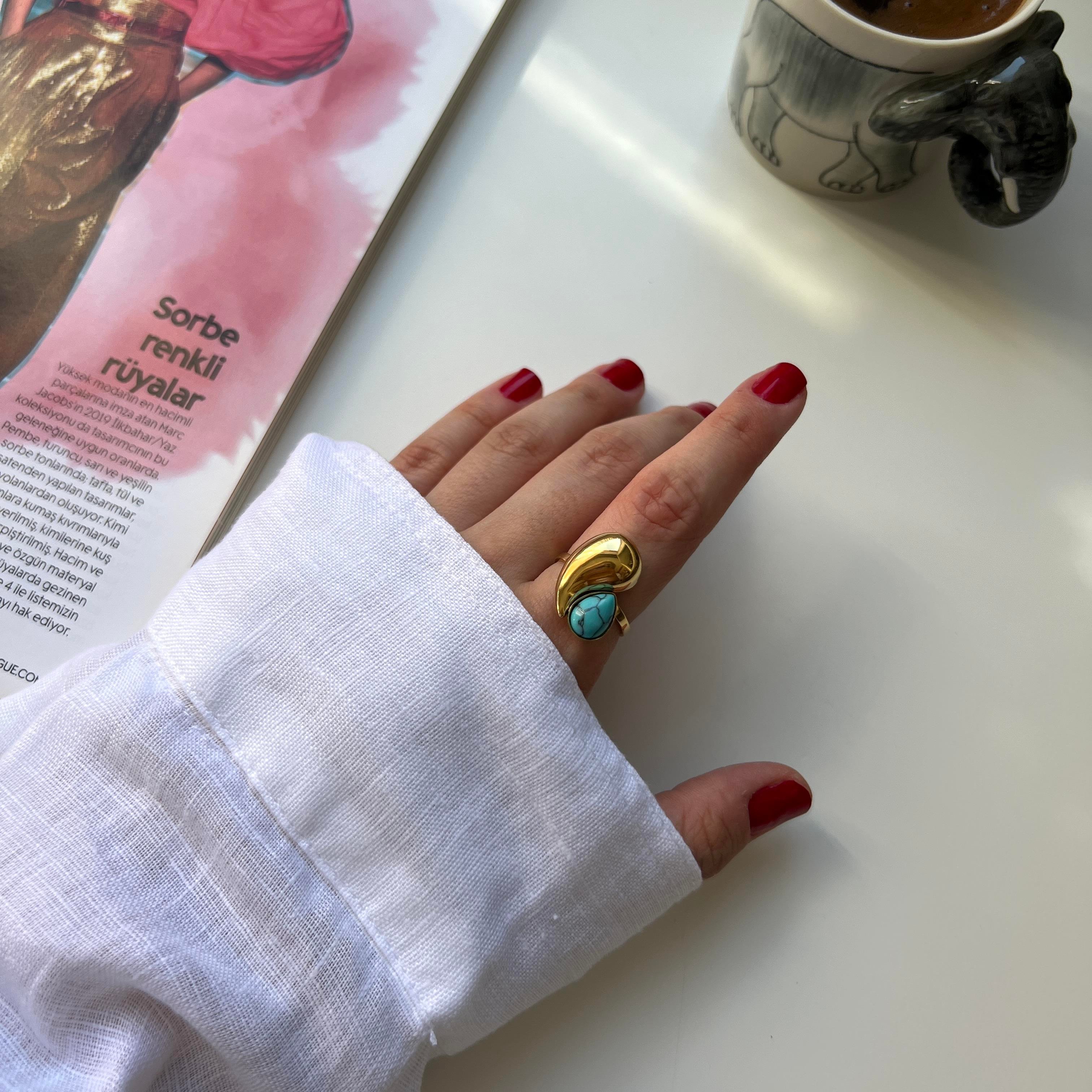 Çelik Damla Firuze Yüzük