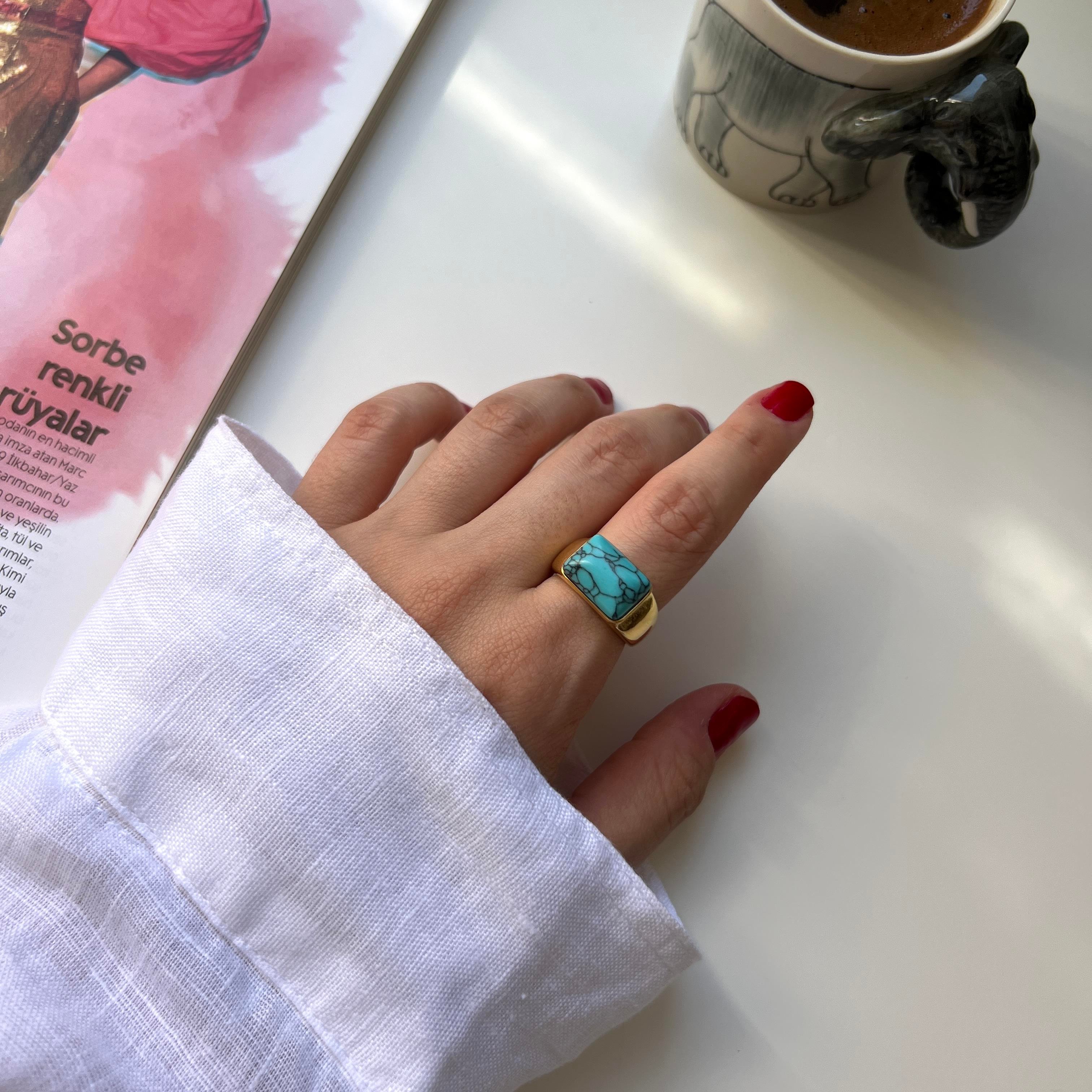 Çelik Dikdörtgen Firuze Yüzük