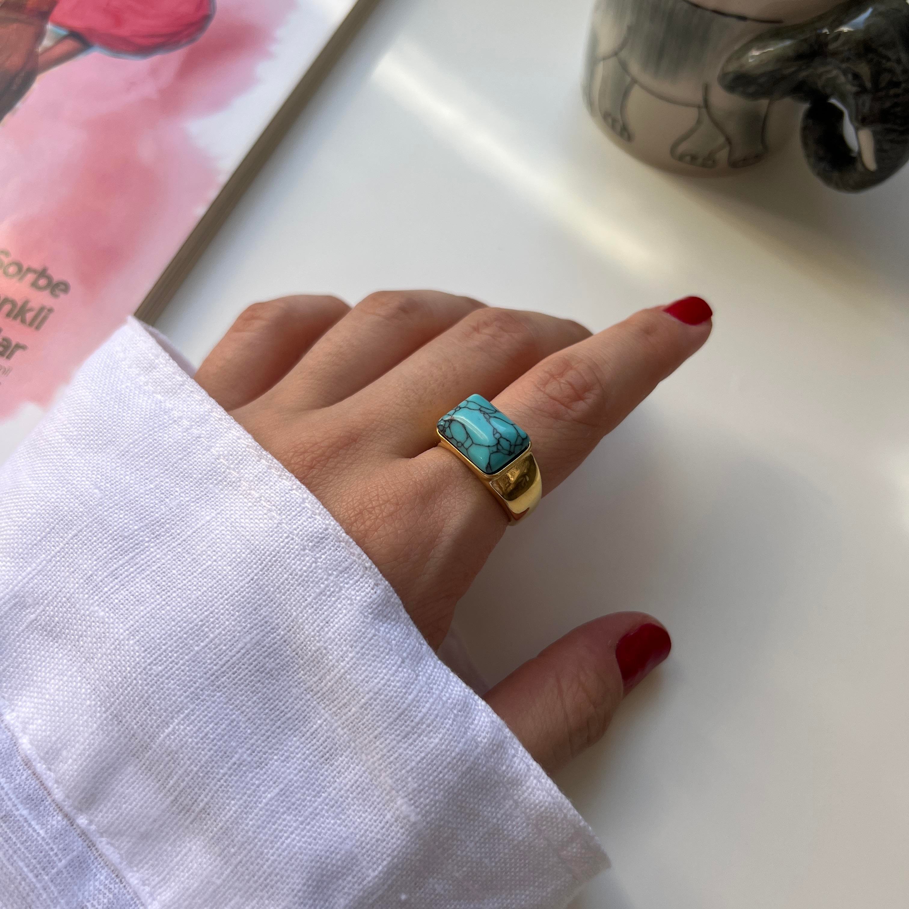 Çelik Dikdörtgen Firuze Yüzük