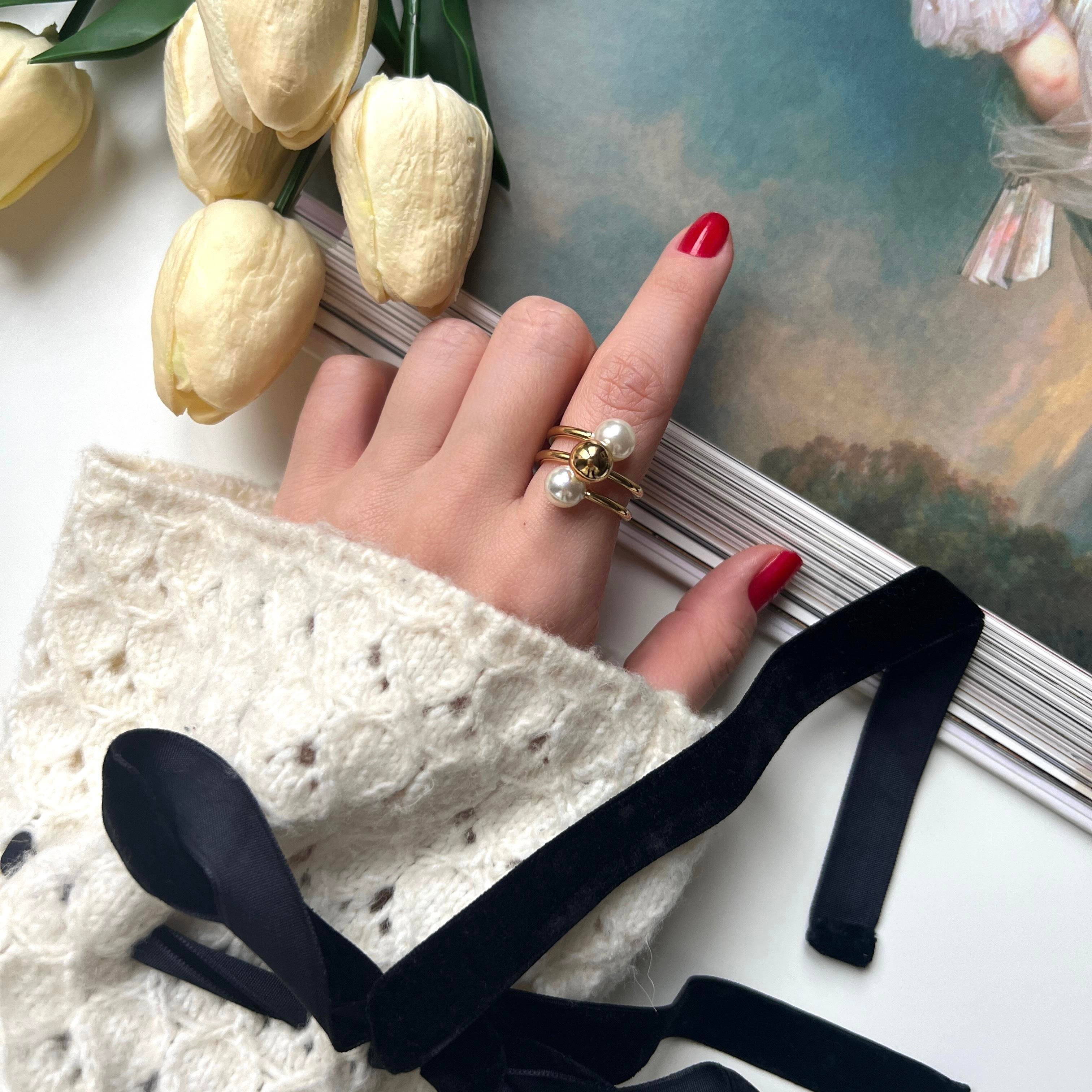 Çelik Gold 2li İnci Yüzük