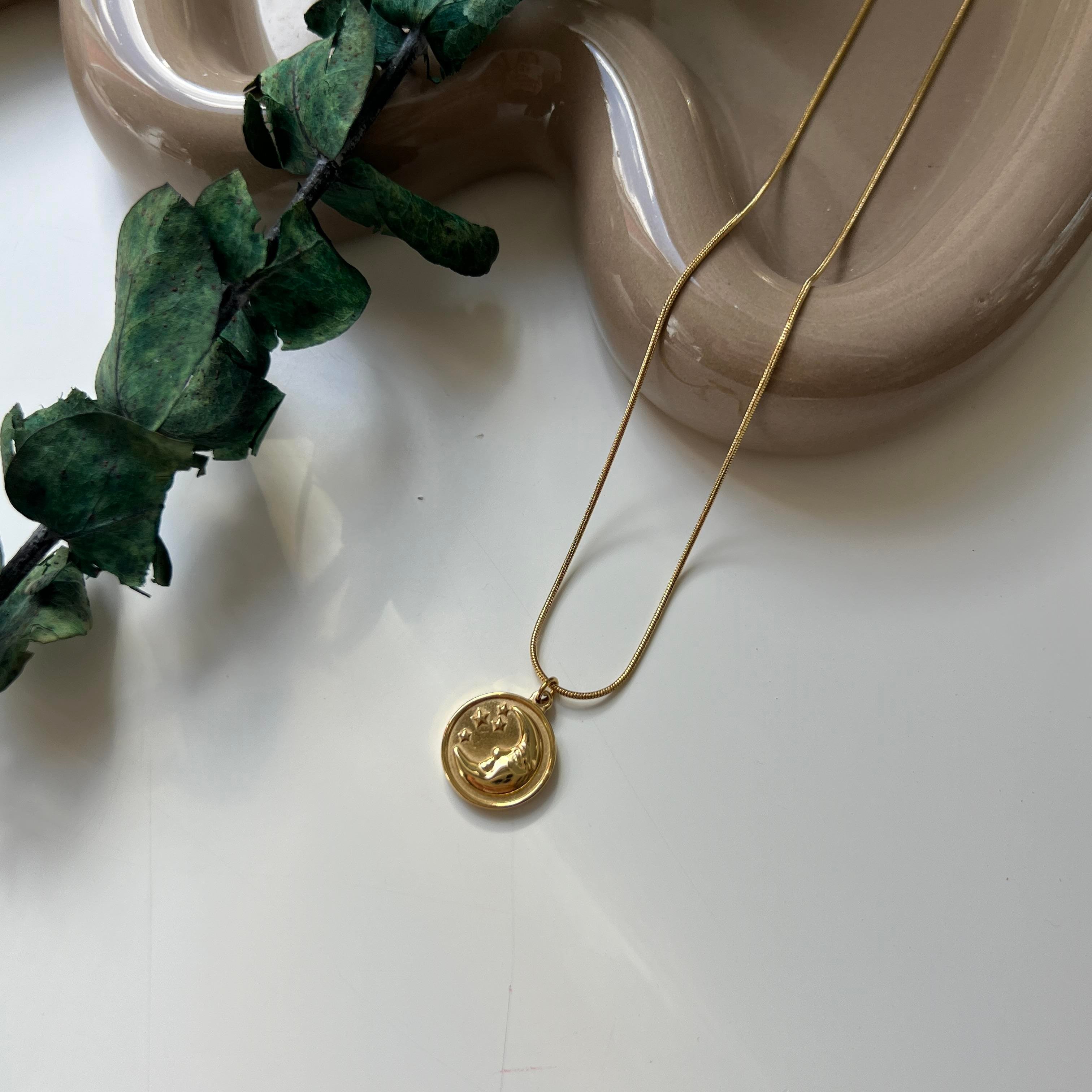 Çelik Gold Yuvarlak Ay Kolye