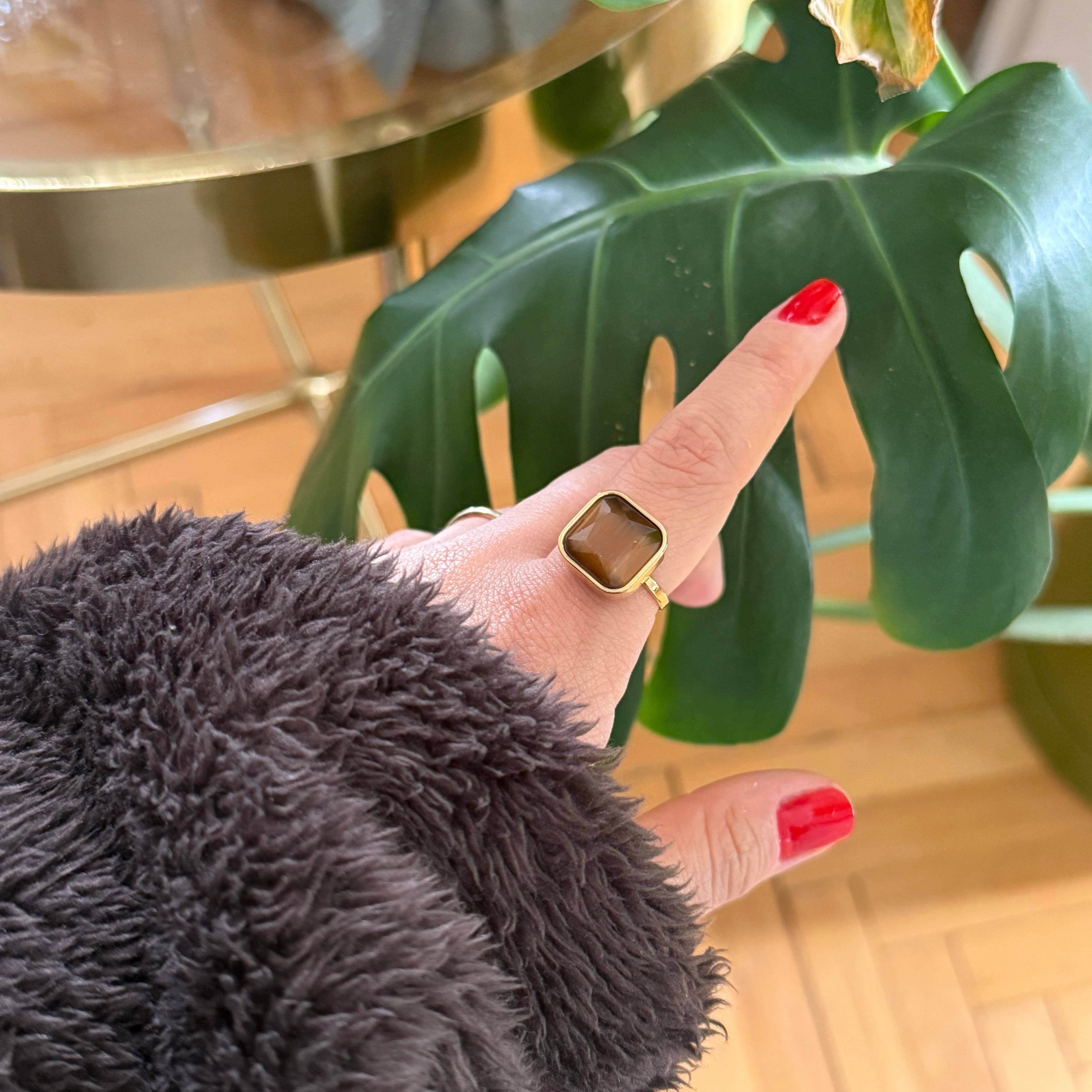 Çelik Kahve Taşlı Yüzük