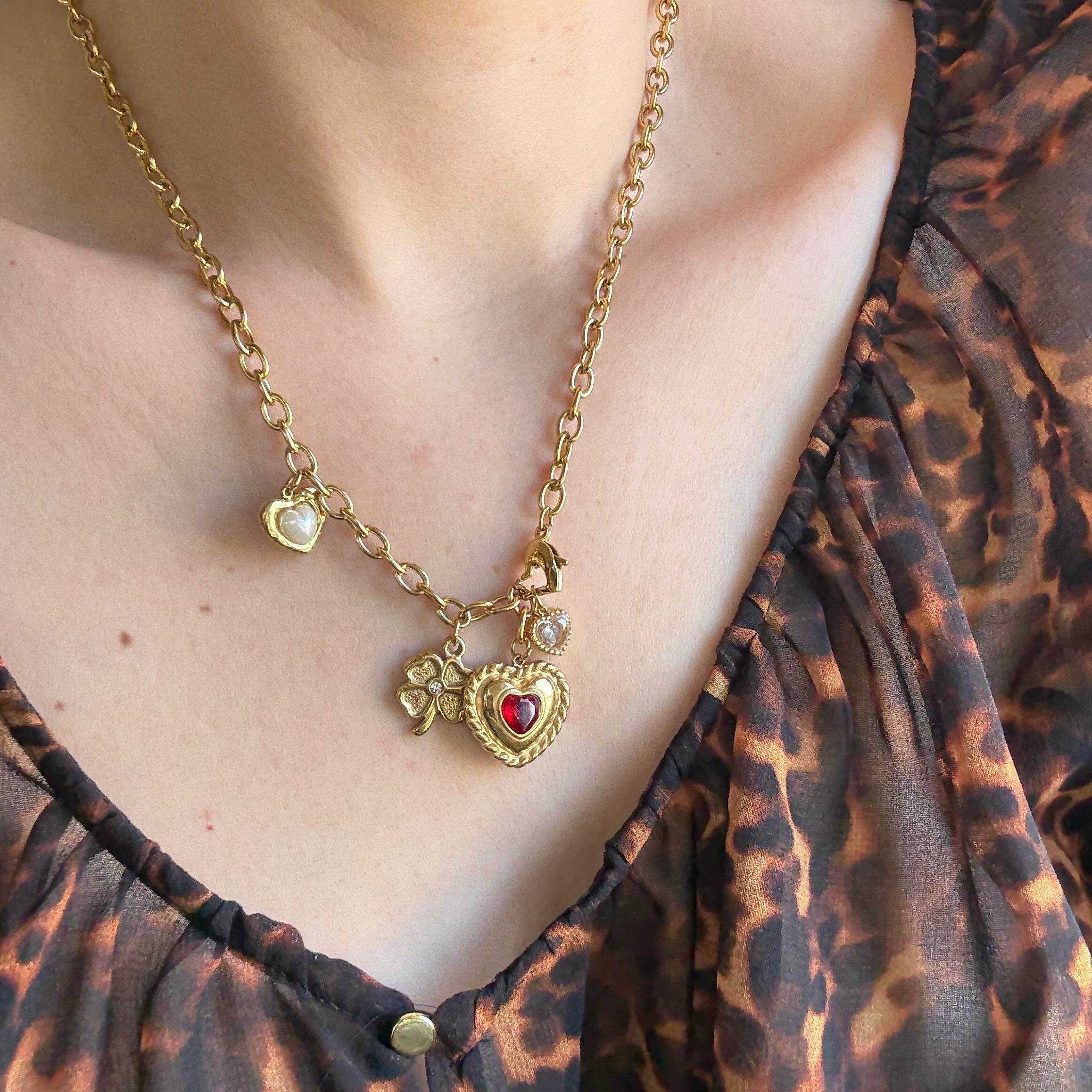 Çelik Kalp Charmlı Önden Kapama Kolye