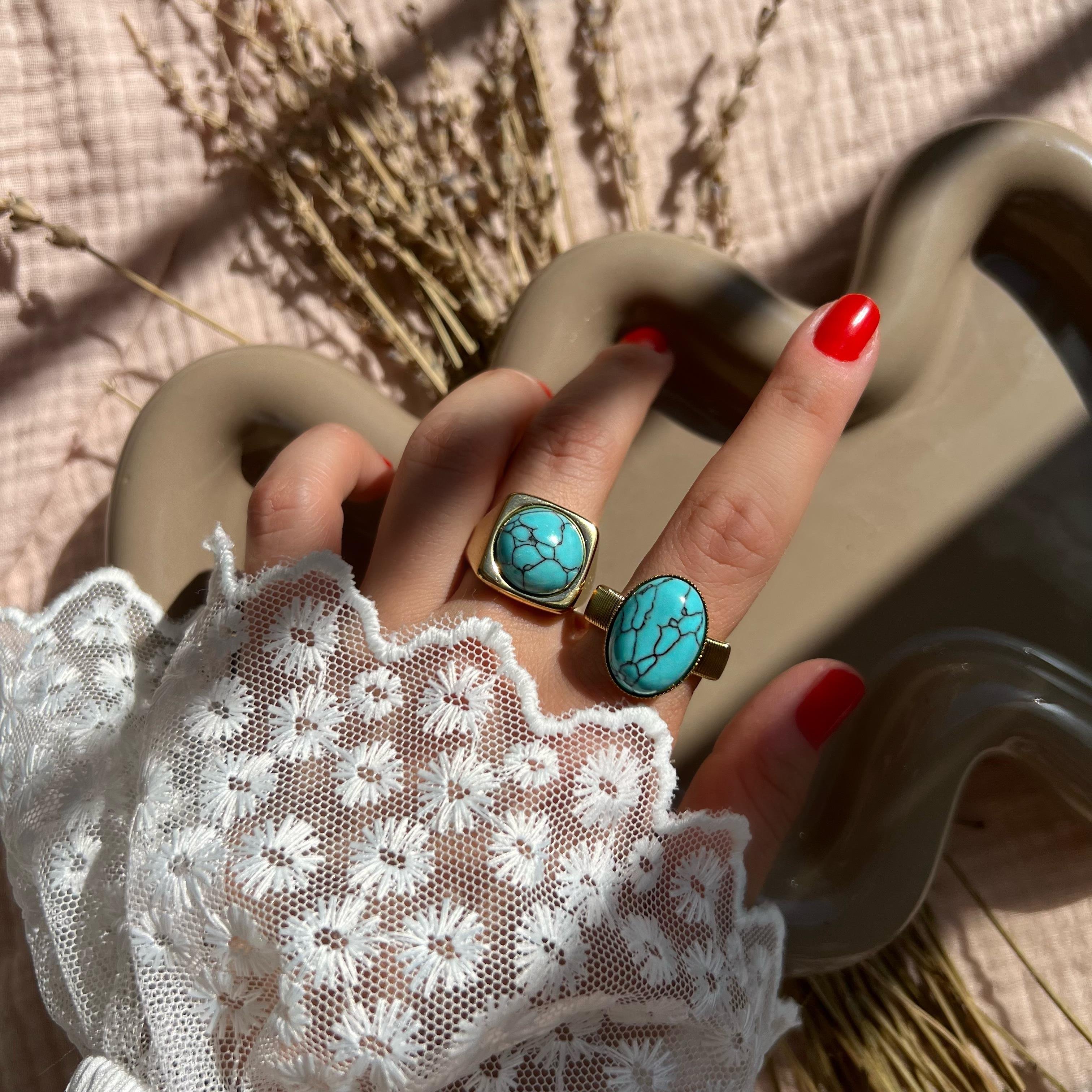 Çelik Kare Damarlı Firuze Yüzük