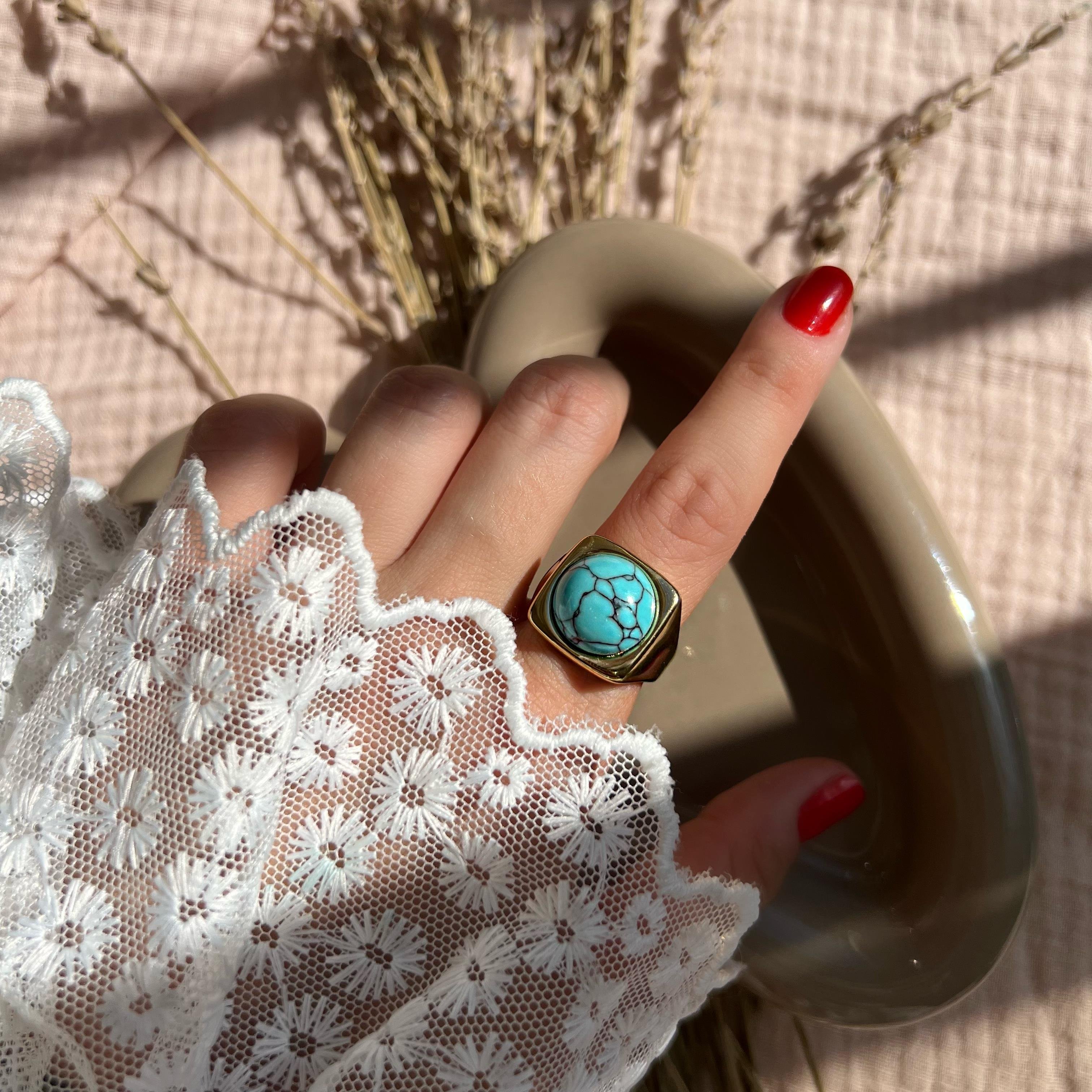 Çelik Kare Damarlı Firuze Yüzük