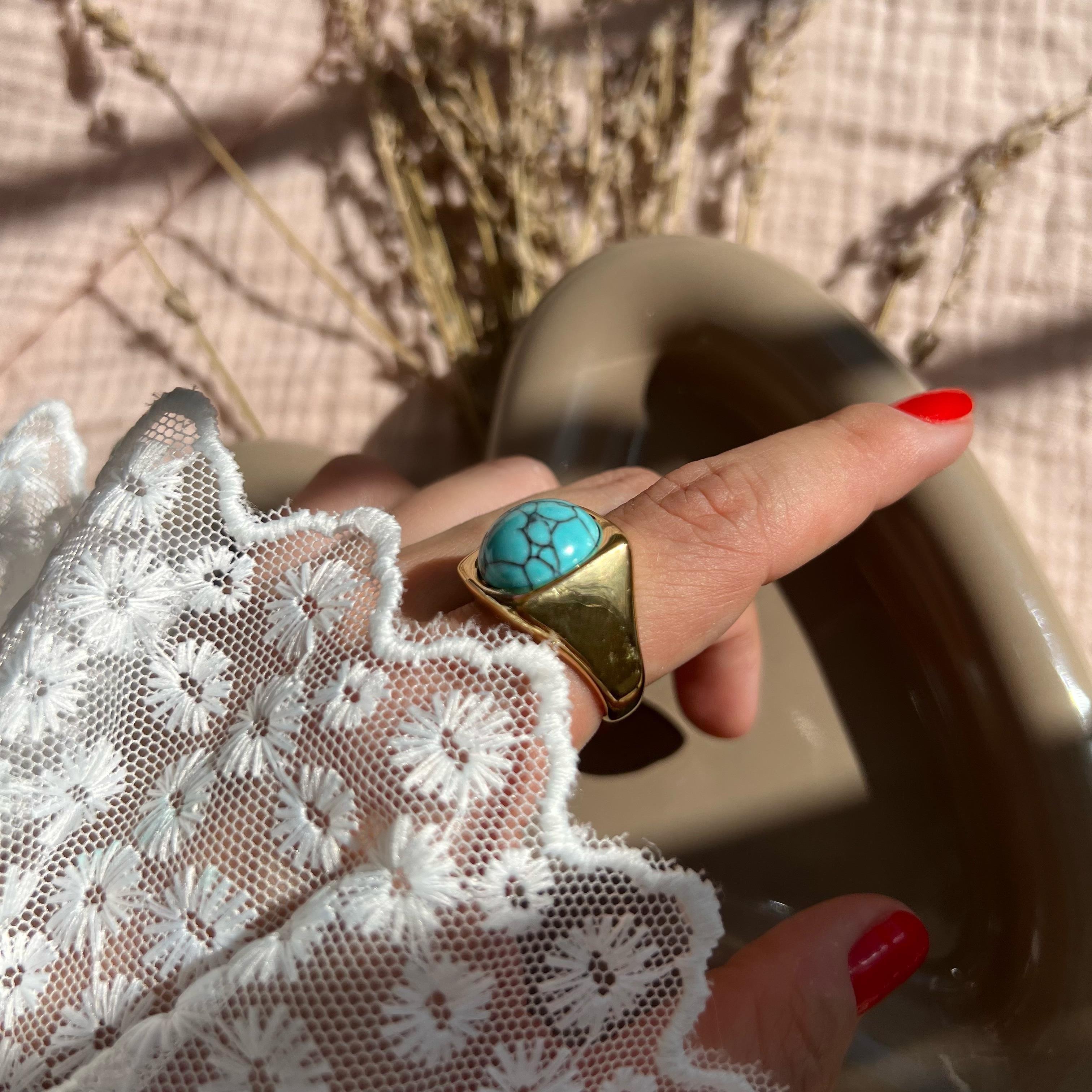 Çelik Kare Damarlı Firuze Yüzük