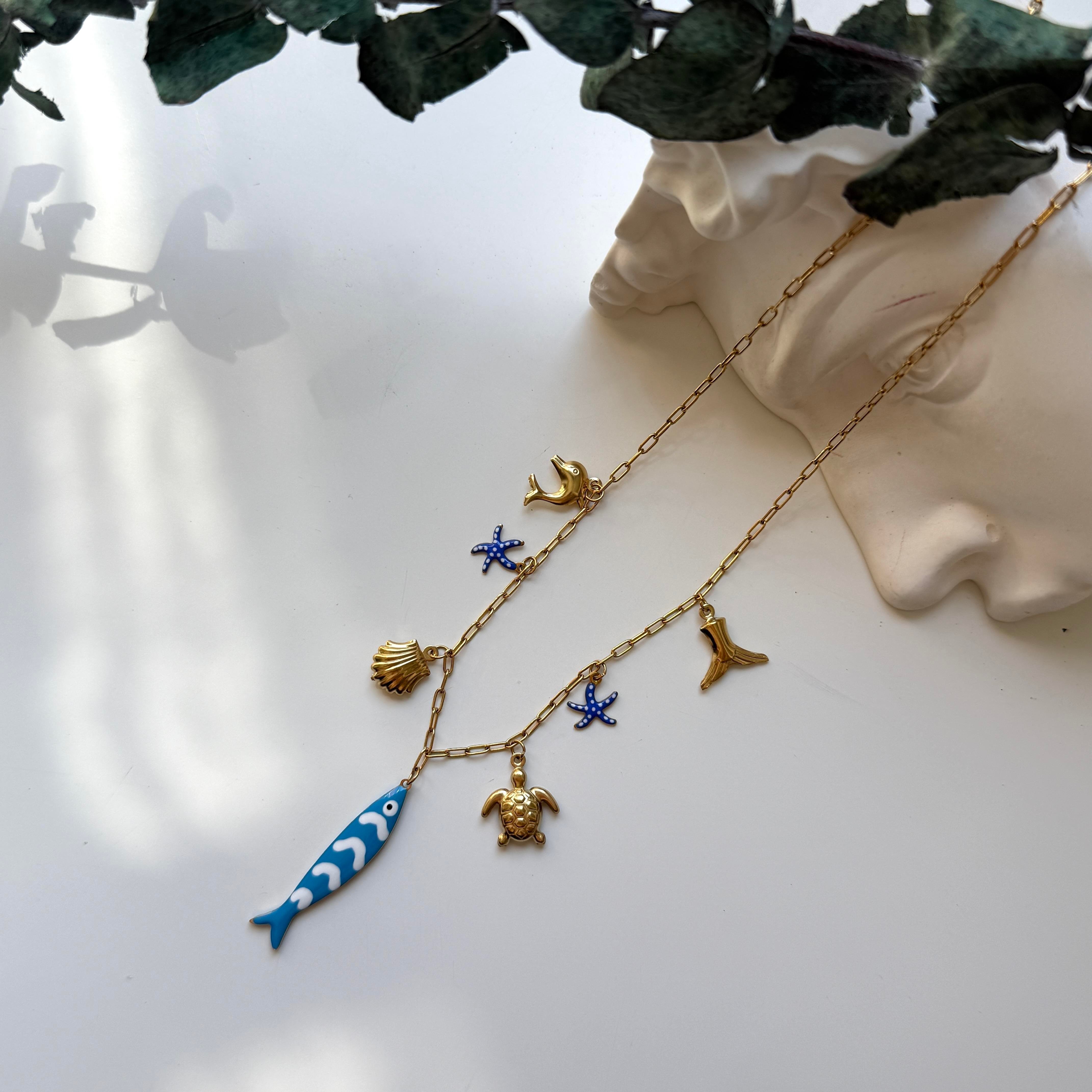 Çelik Mavi Balık Charmlı Kolye