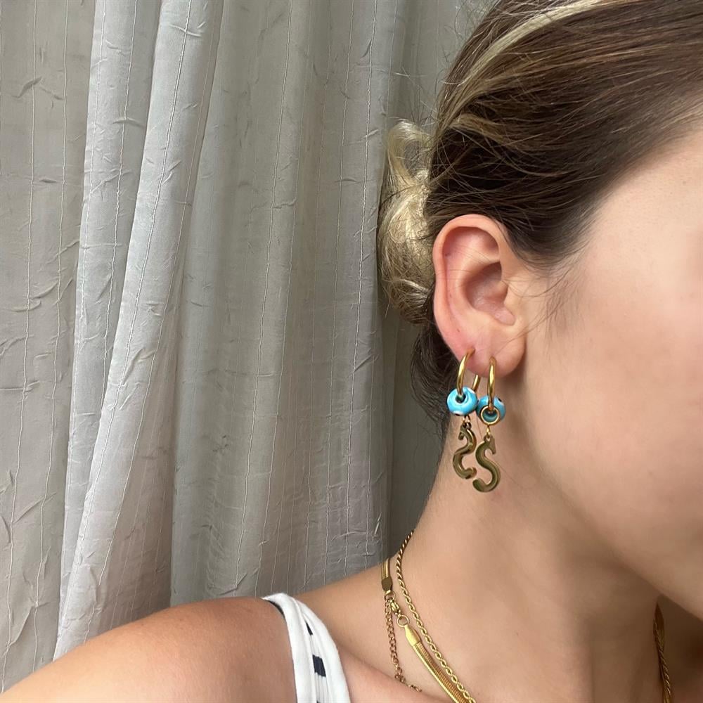 Çelik Nazar Boncuklu Harf Halka Küpe