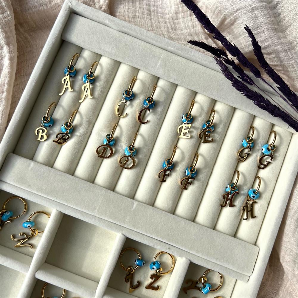 Çelik Nazar Boncuklu Harf Halka Küpe