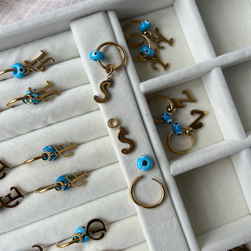 Çelik Nazar Boncuklu Harf Halka Küpe