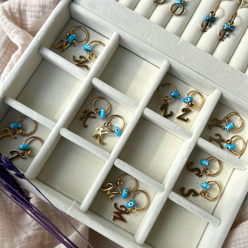 Çelik Nazar Boncuklu Harf Halka Küpe