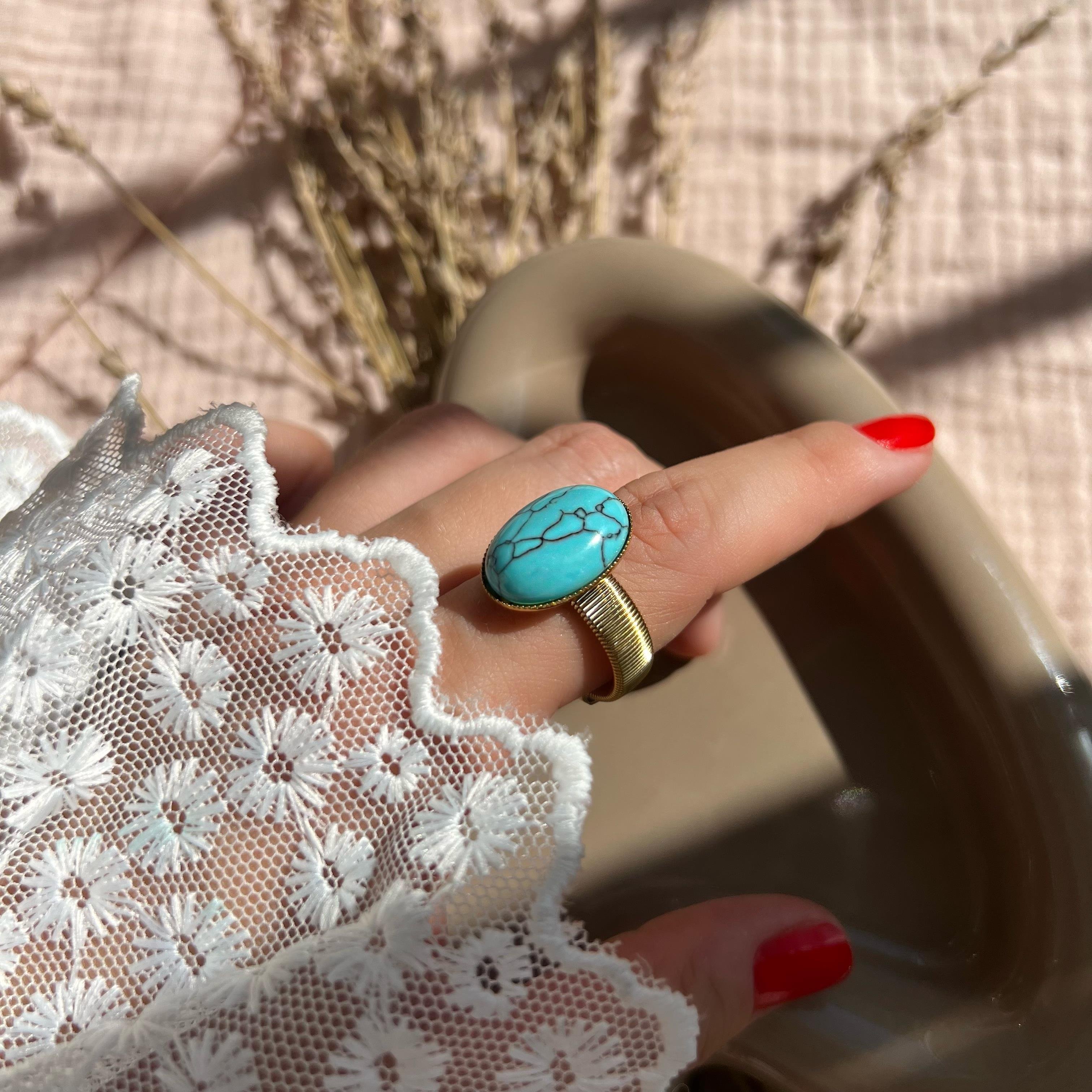 Çelik Oval Damarlı Firuze Yüzük