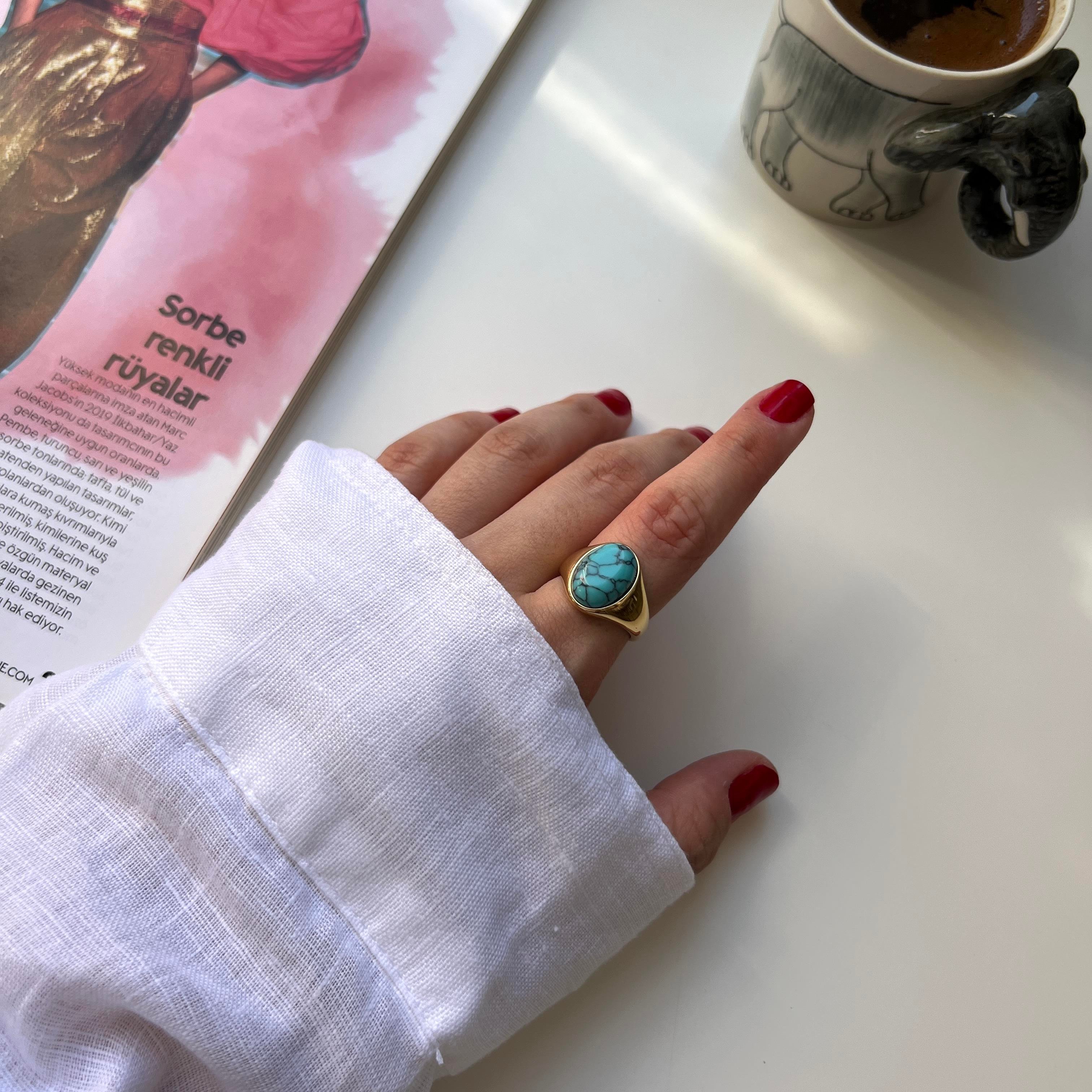 Çelik Oval Firuze Yüzük