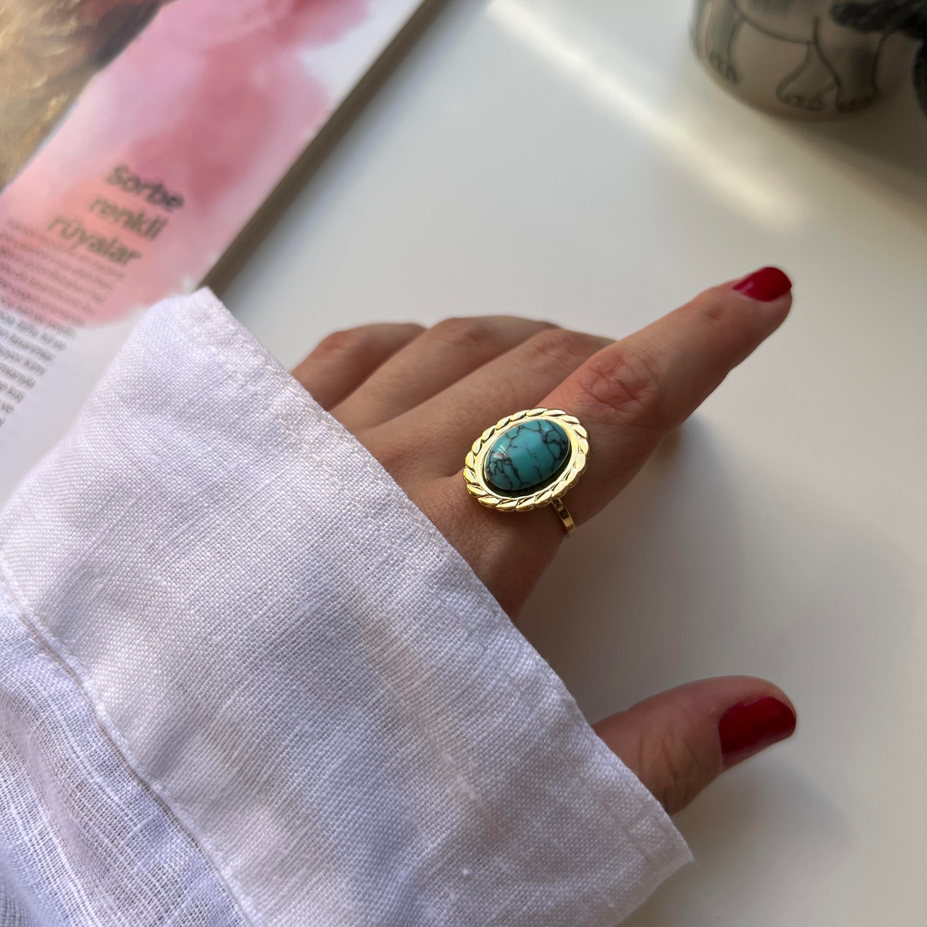 Çelik Oval Firuze Yüzük