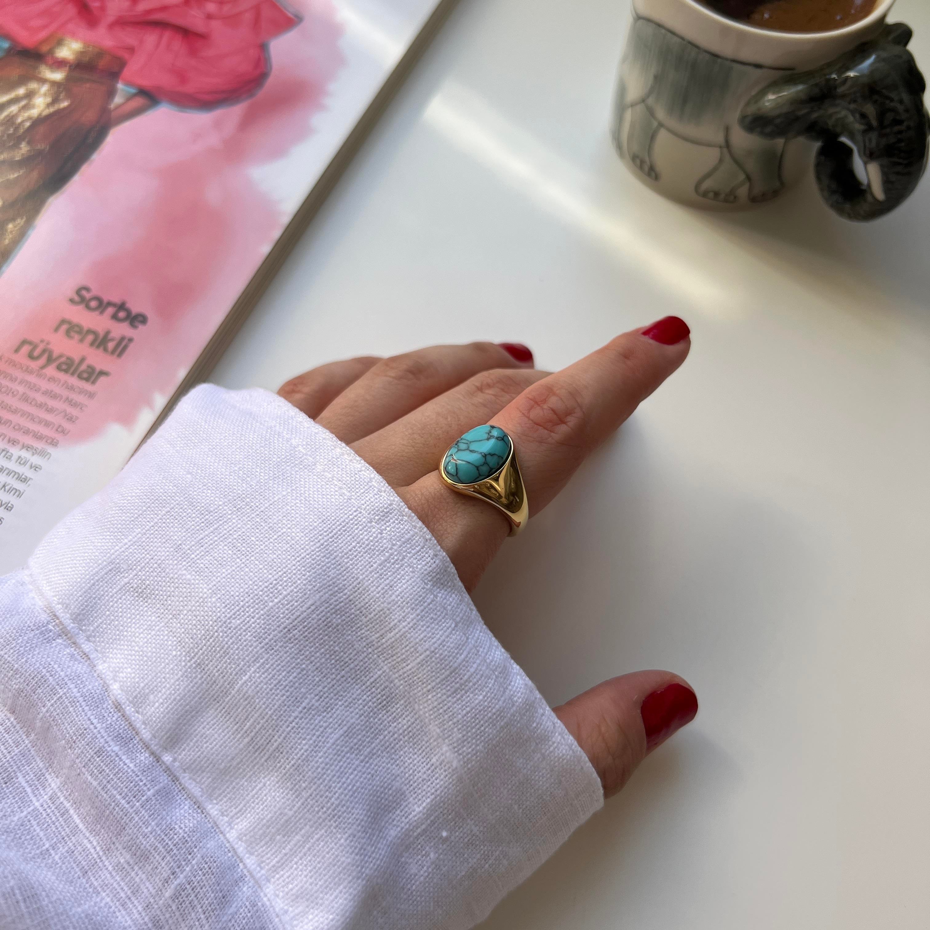 Çelik Oval Firuze Yüzük