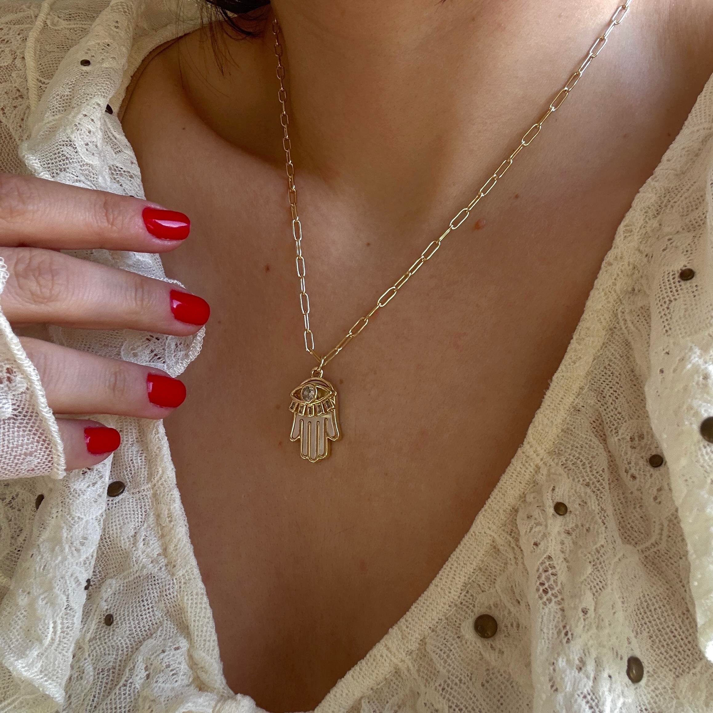 Çelik Sedefli Hamsa Kolye