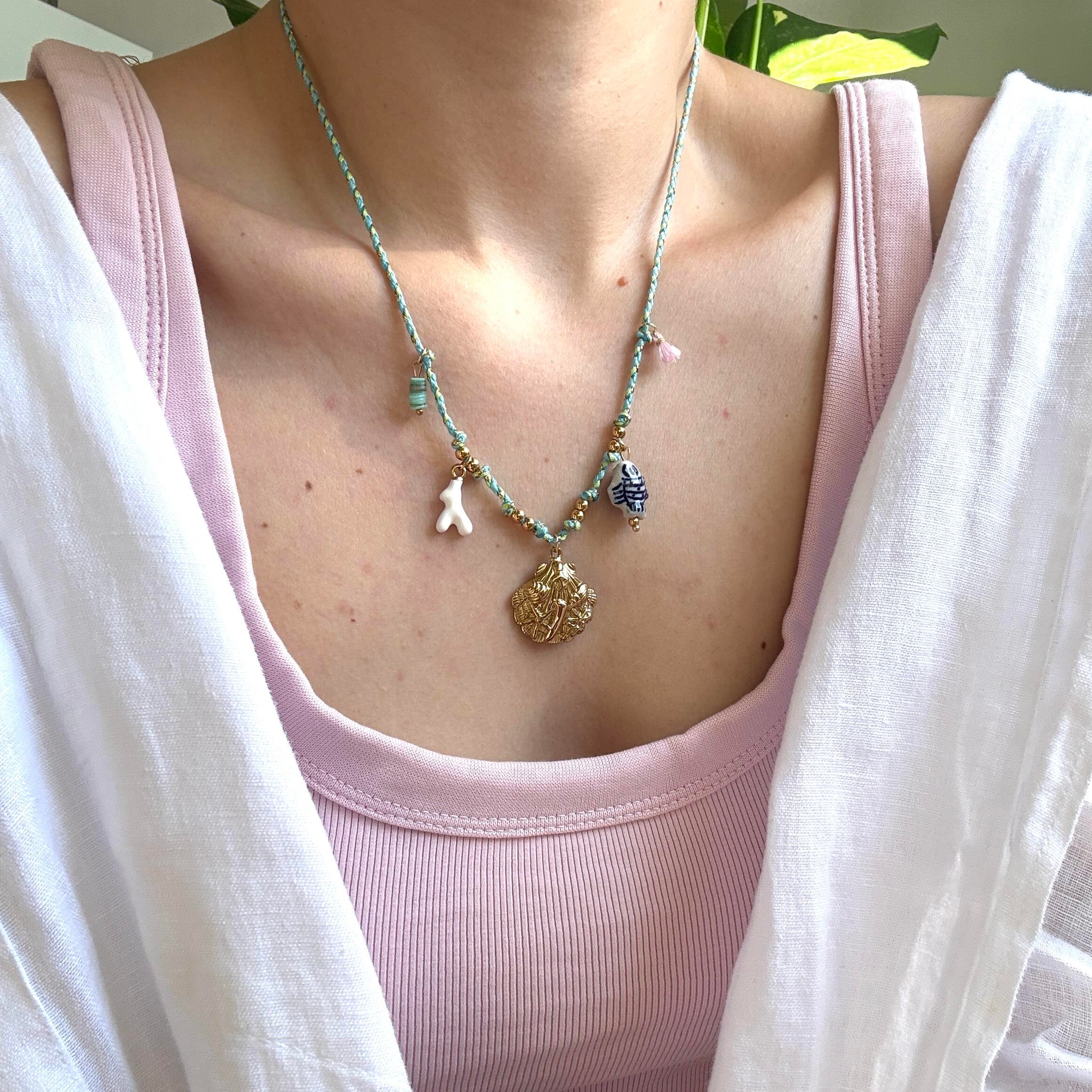 Çelik Turkuaz İpli Murano Charmlı Kolye