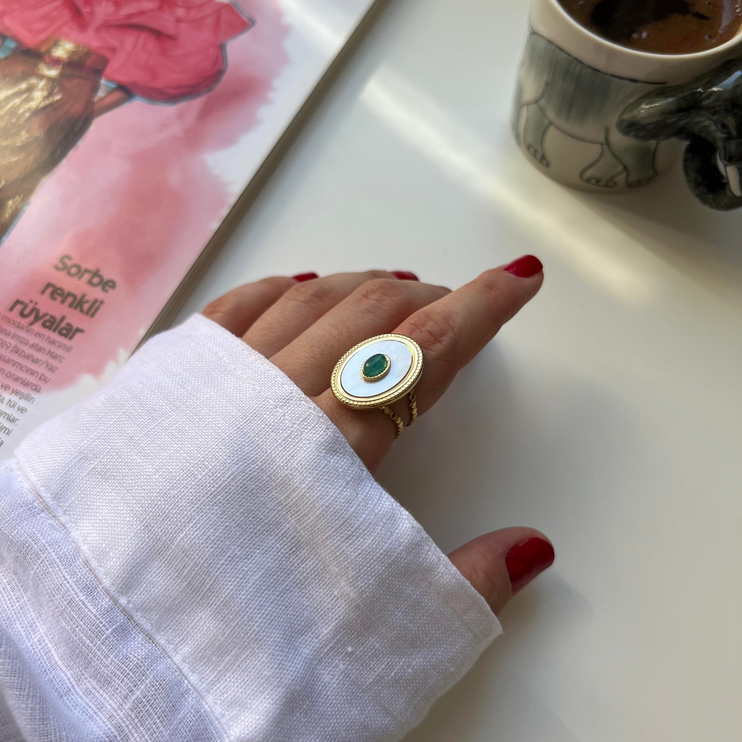 Çelik Turkuaz Taşlı Oval Yüzük