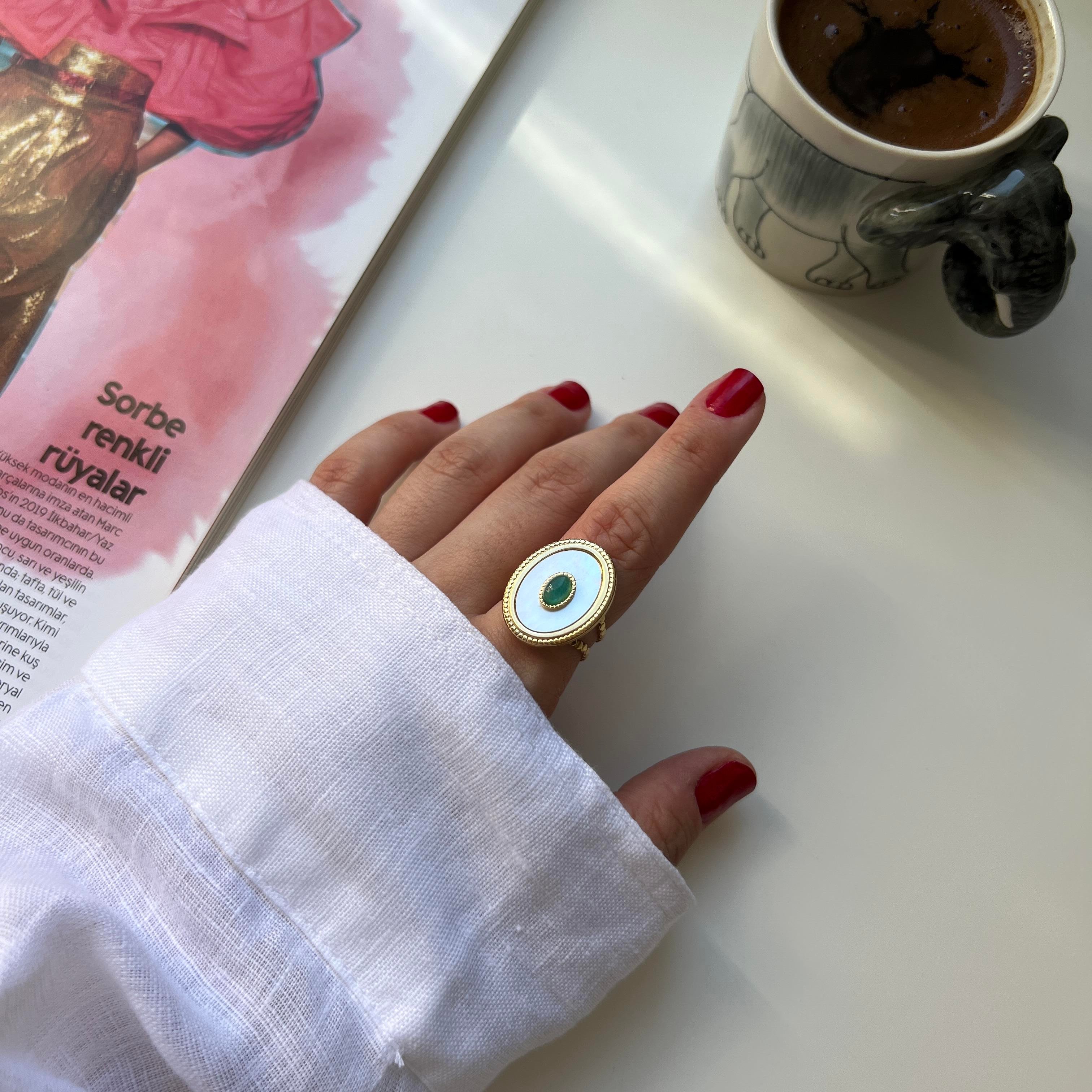 Çelik Turkuaz Taşlı Oval Yüzük